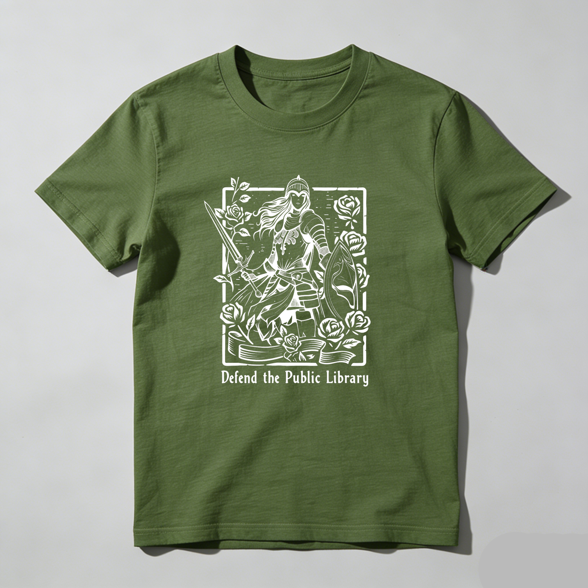 Dorawear™ Defend The Public Library Warrior With Sword And Roses T Shirt