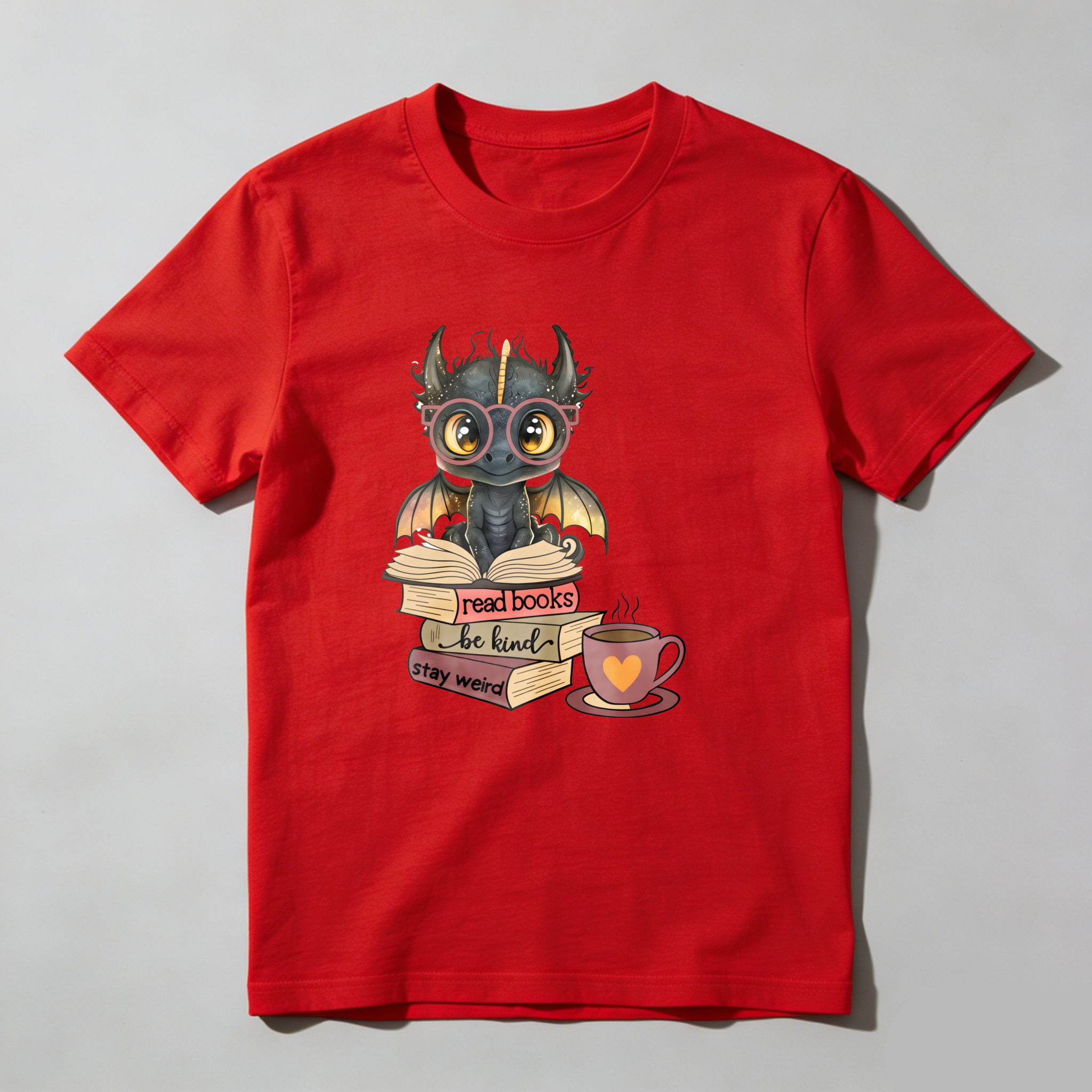 Dorawear™ Dragon With Books And Coffee Cup T Shirt