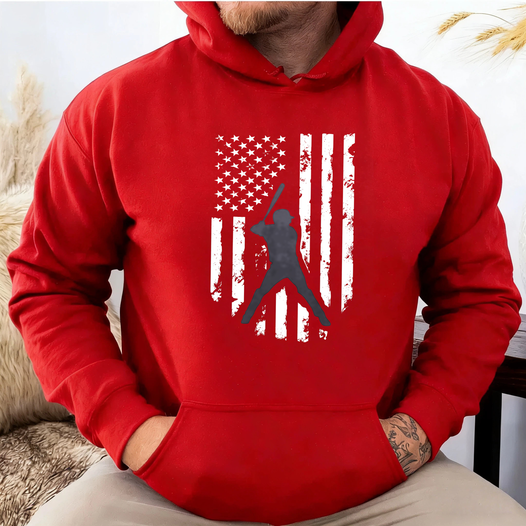 Dorawear™ American Flag Baseball Player Hoodie Black Sweatshirt With Front Pocket And Drawstring Hood Sporty Design For Men Women Unisex Casual Wear-Dorawear
