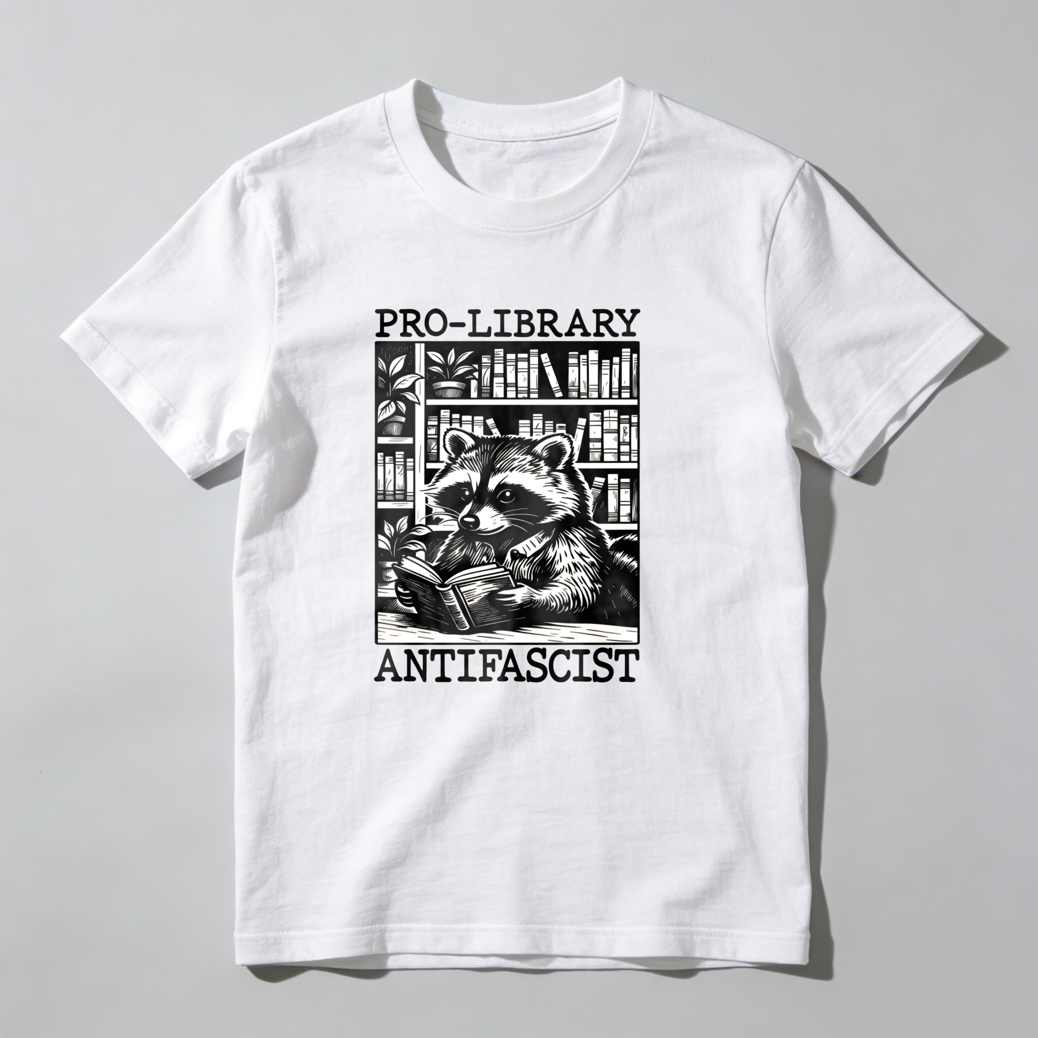 Dorawear™ Raccoon Reading Book In Library Scene T Shirt