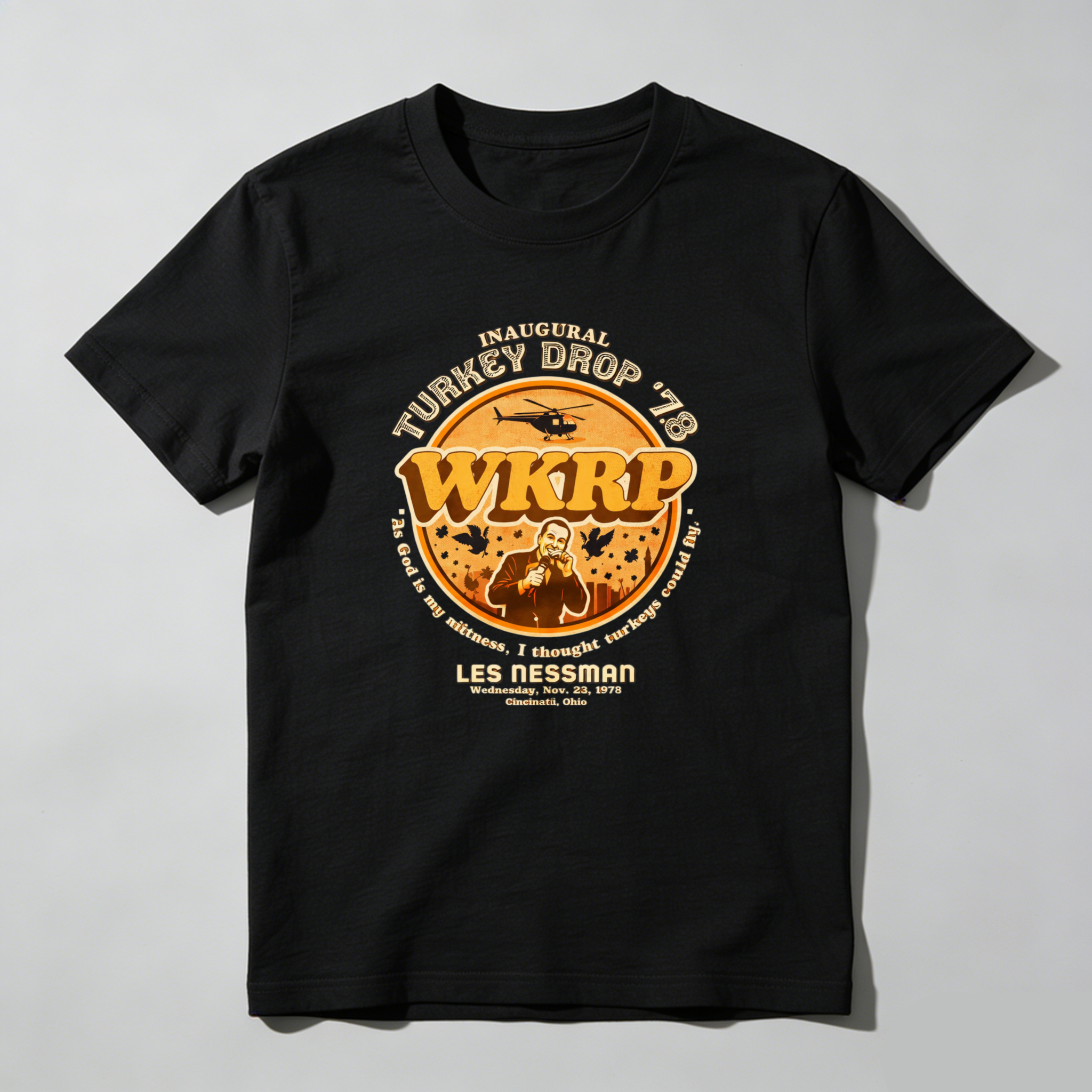 Dorawear™ Inaugural Turkey Drop Wkrp Les Nessman Pure Cotton Short Sleeve T Shirt-Dorawear