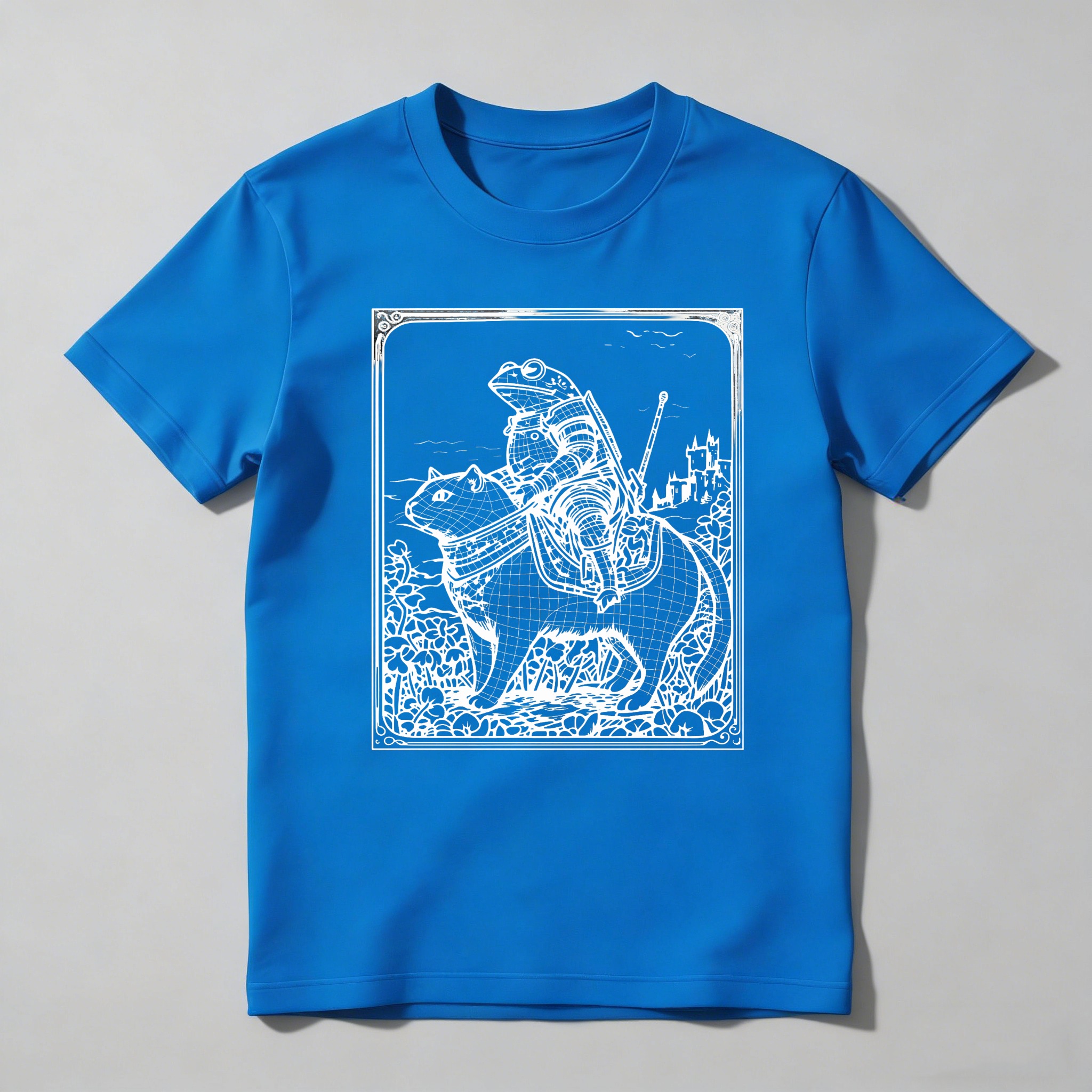 Dorawear™ Frog Knight Riding Cat In Fantasy Landscape T Shirt