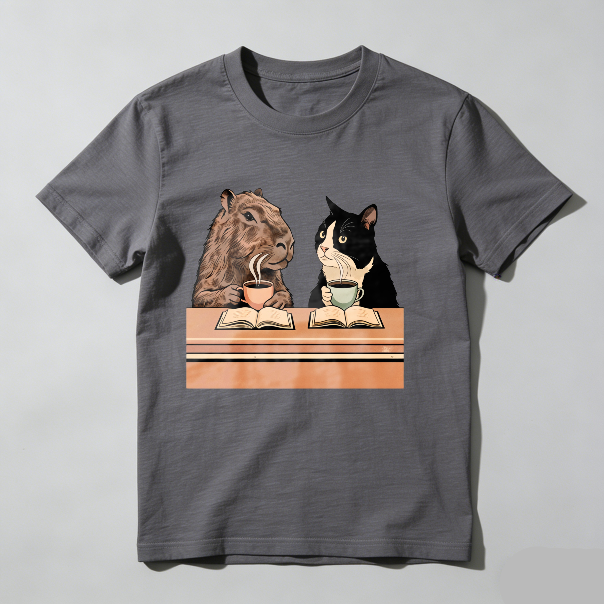 Dorawear™ Camel And Cat Reading Books With Tea T Shirt