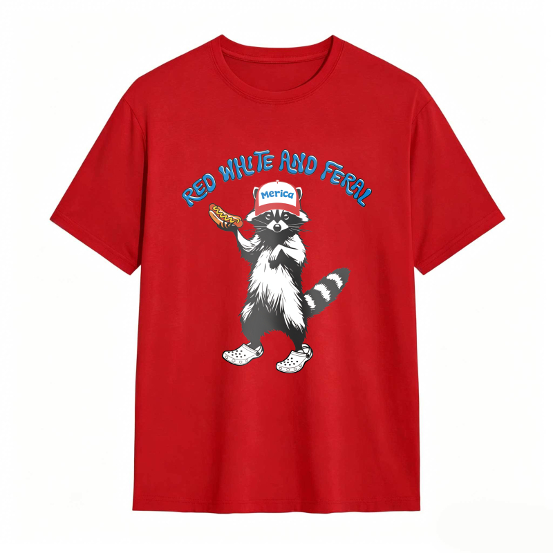 USA Red White Feral Racoon Vintage Hot Dog Party America Patriotic Racoon Tshirt