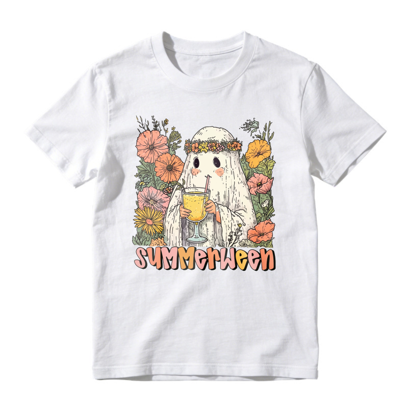 Cute Ghost With Flower Crown And Drink, Summerween, Unisex Classic T-shirt