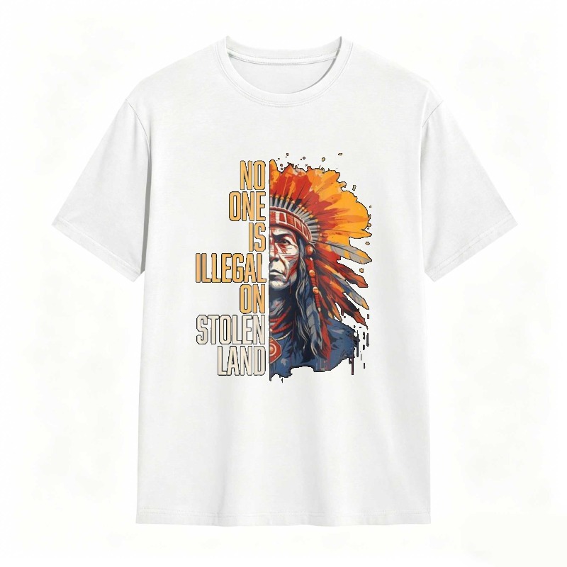 Native American Headdress And Text No One Is Illegal On Stolen Land T-shirt