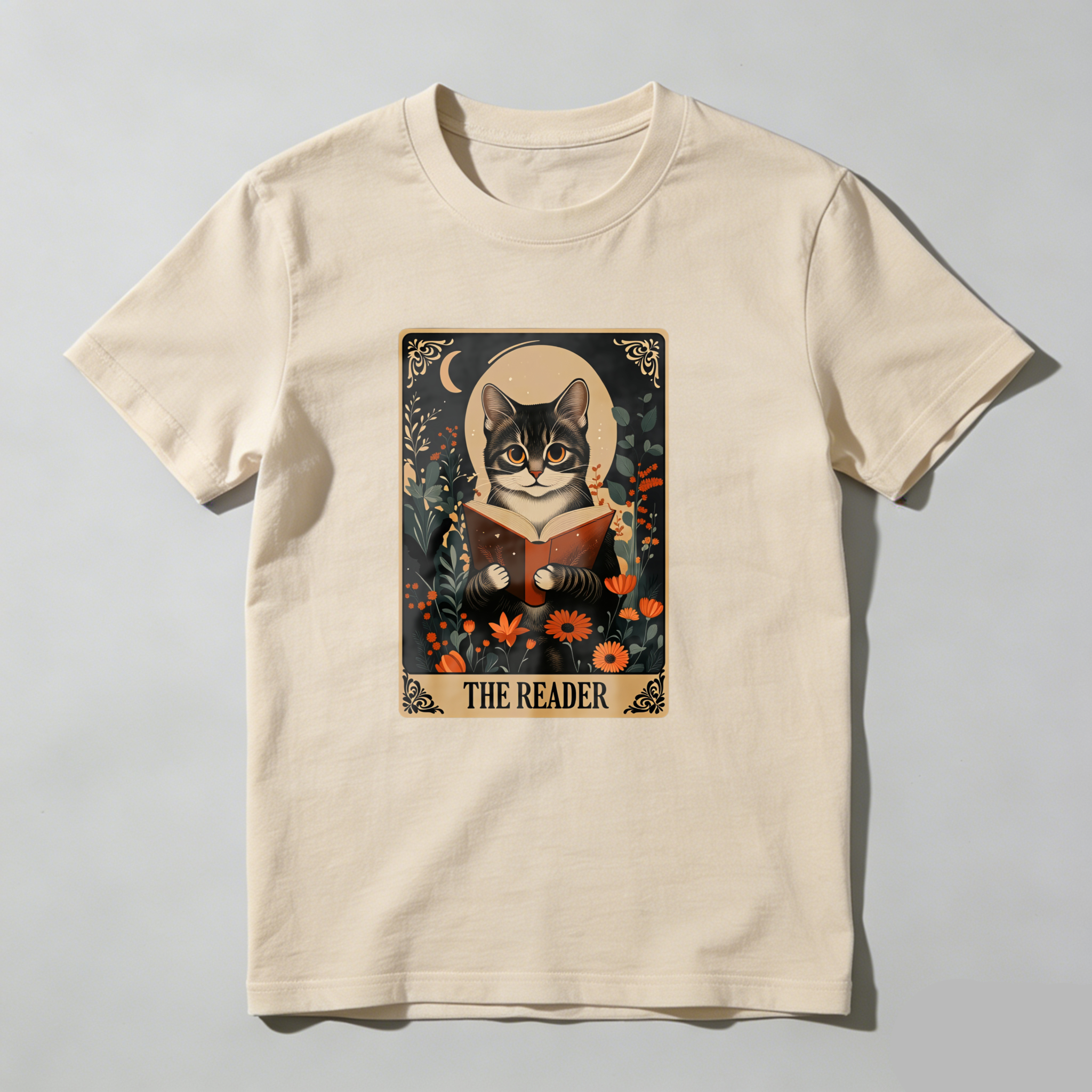 Dorawear™ Cat Reading Book With Flowers And Moon T Shirt