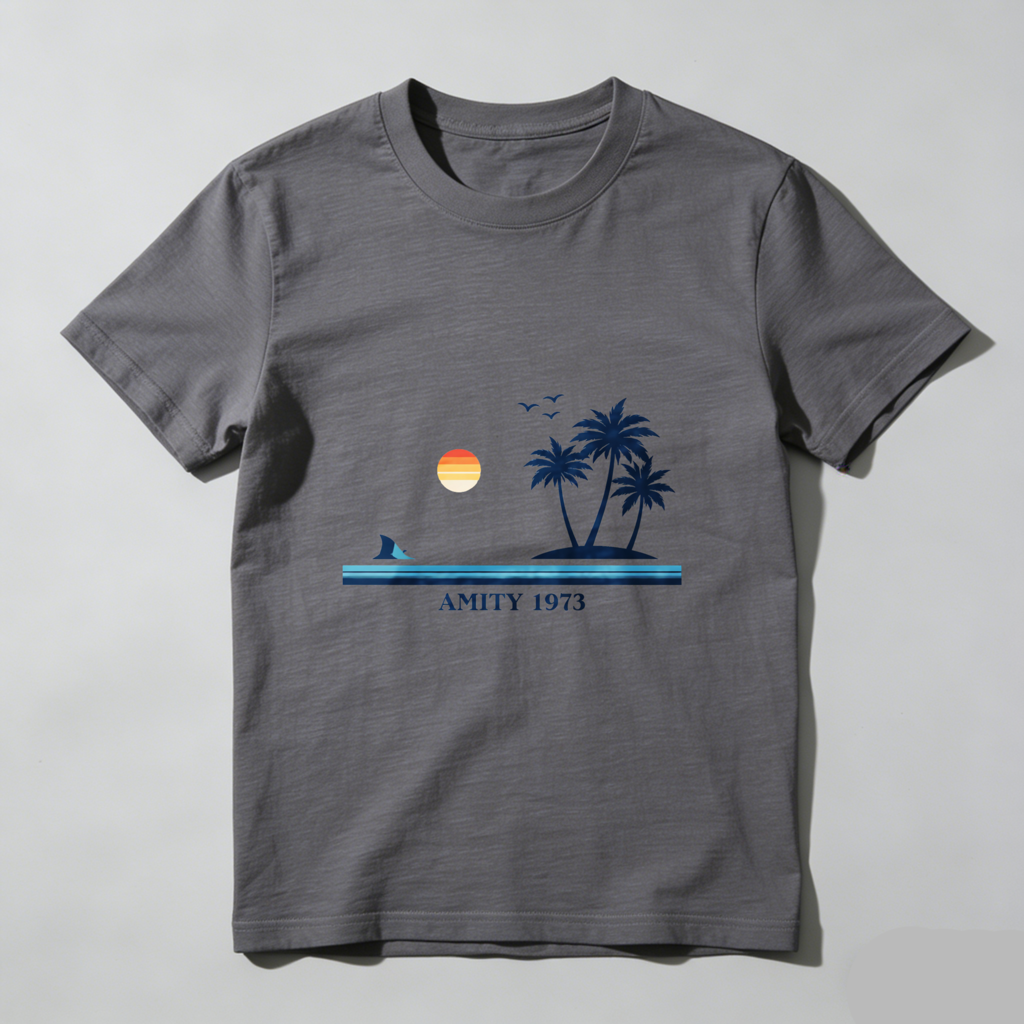 Dorawear™ Sunset Palm Trees Shark Amity 1973 Pure Cotton Short Sleeve T Shirt-Dorawear