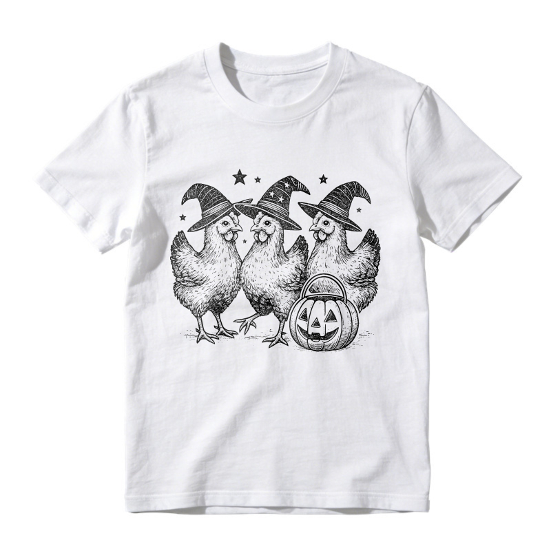 Three Chickens In Witch Hats With Pumpkin Bucket, Unisex Classic T-shirt