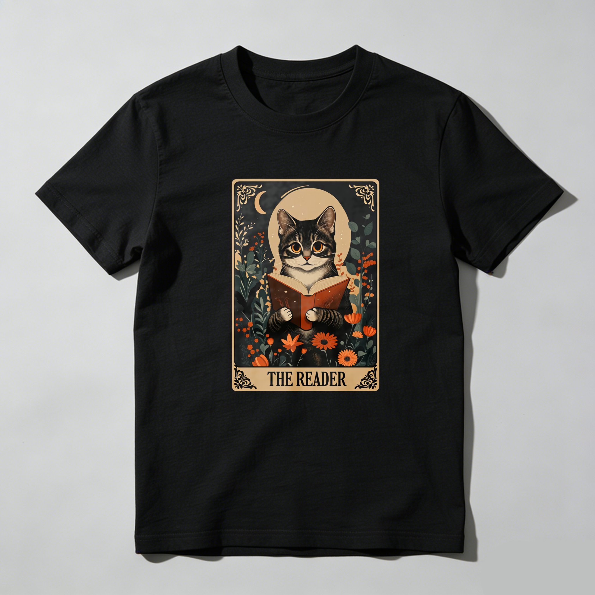 Dorawear Cat Reading Book With Flowers And Moon T Shirt