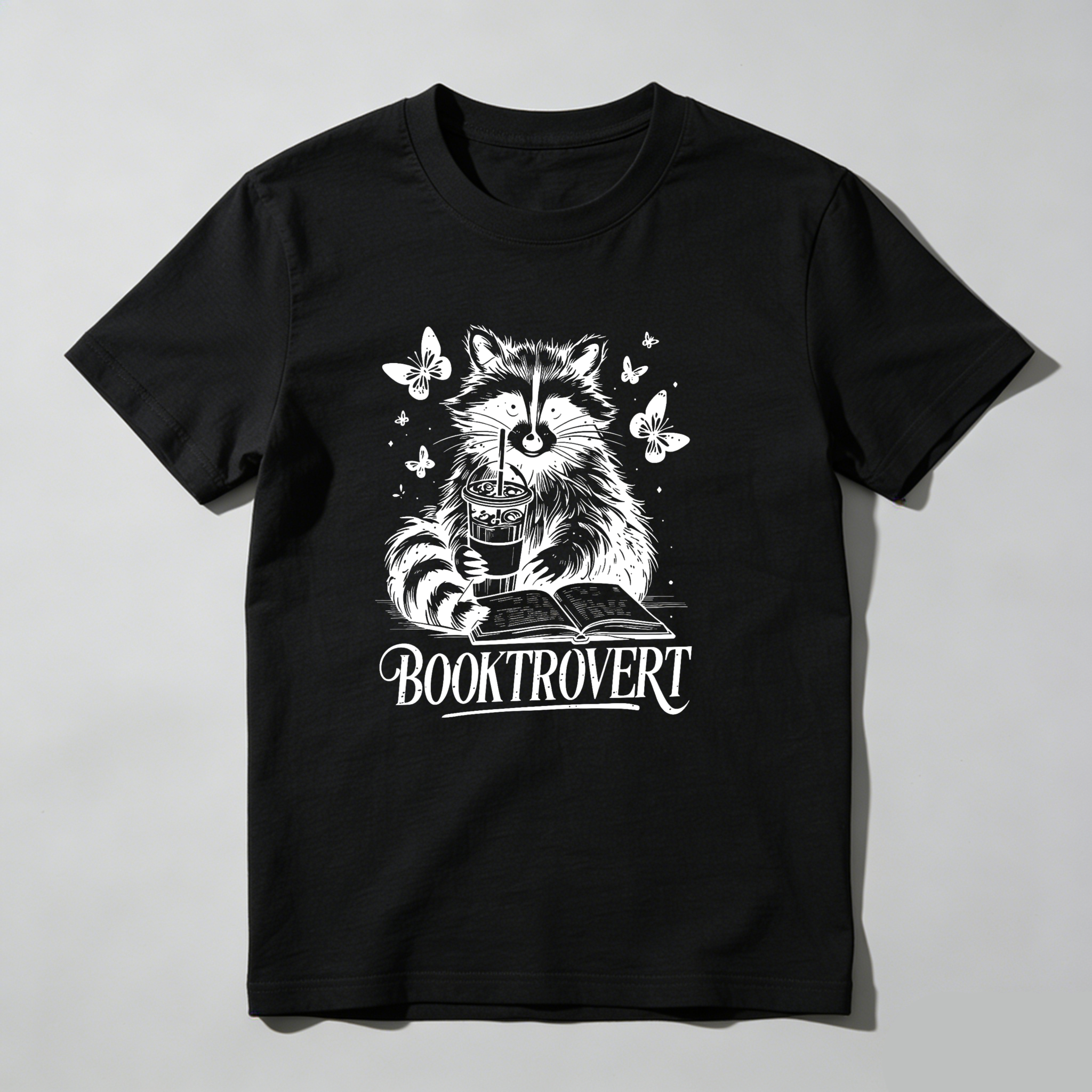 Dorawear™ Raccoon Reading Book With Butterflies And Coffee T Shirt