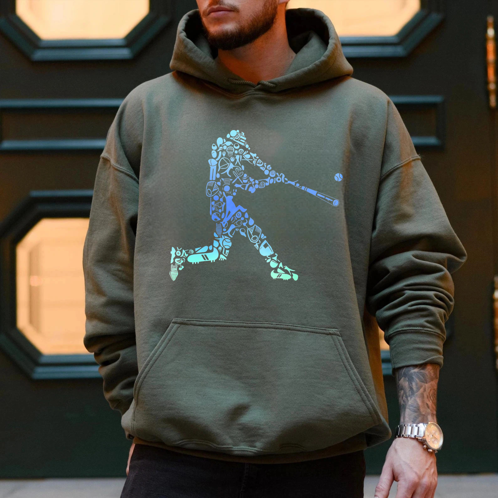 Dorawear™ Baseball Player Silhouette Design Black Hoodie With Blue Graphic Art For Sports Fans And Casual Wear-Dorawear