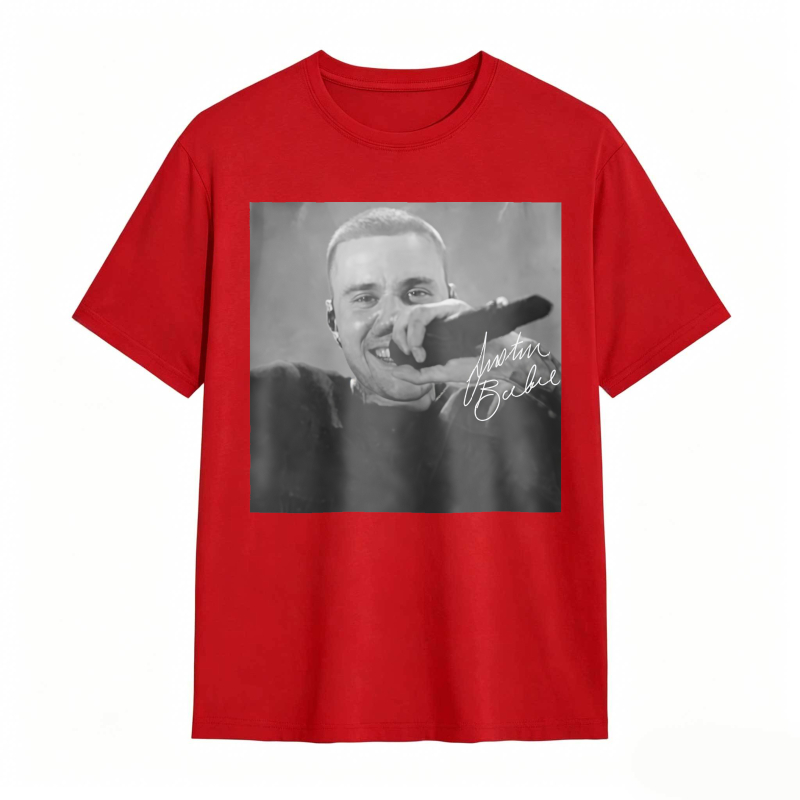 Justin Bieber Singing With Microphone Signature tshirt 100% cotton