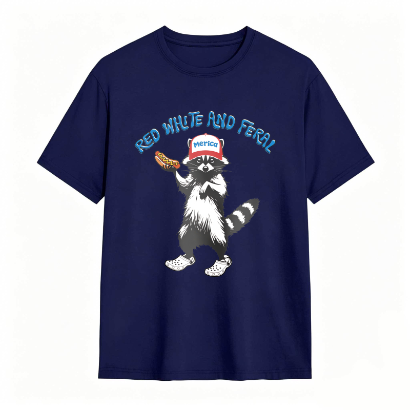 USA Red White Feral Racoon Vintage Hot Dog Party America Patriotic Racoon Tshirt