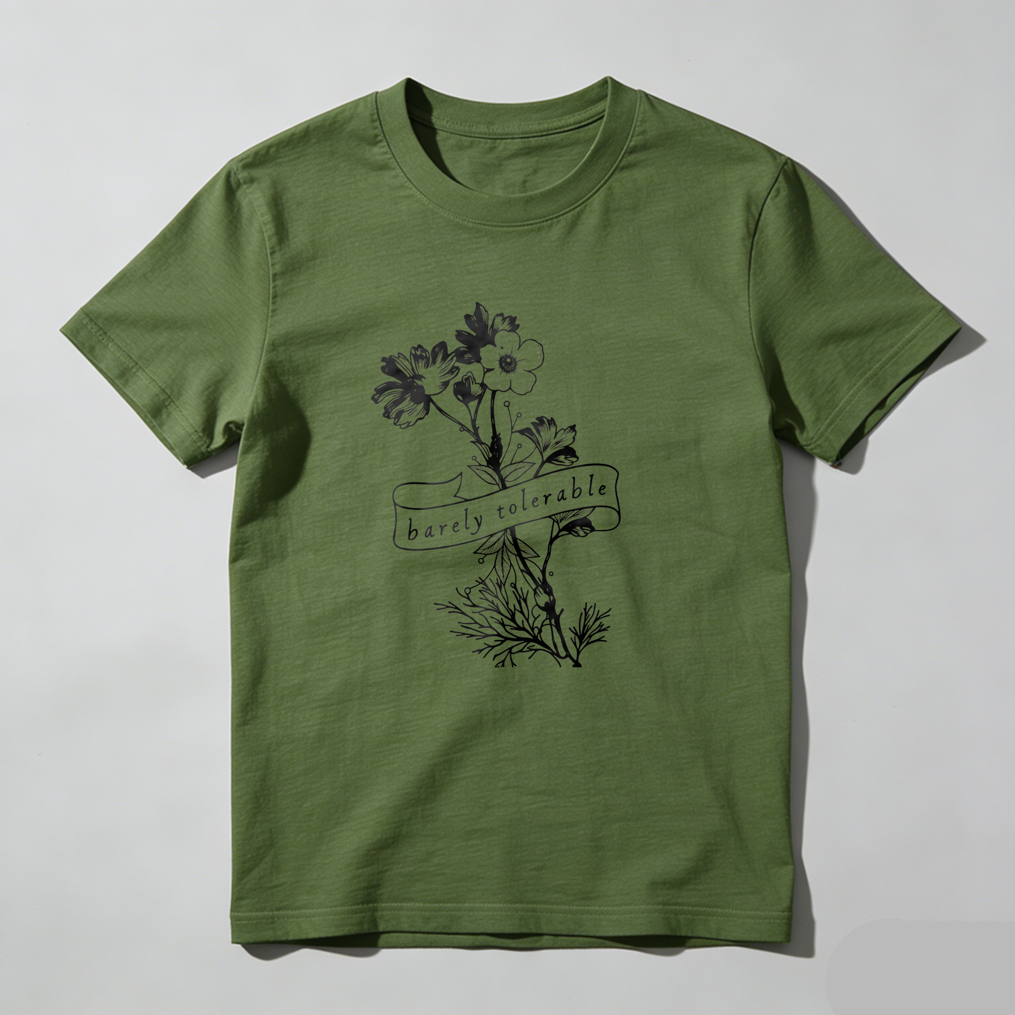 Dorawear™ Barely Tolerable Floral Design With Ribbon Text T Shirt