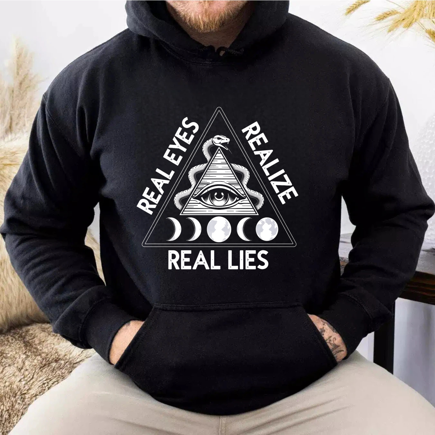 Dorawear™ Real Eyes Realize Real Lies Hoodie All Seeing Eye Symbol Moon Phases Design Black Sweatshirt Unisex Pullover Fashion Statement Apparel-Dorawear