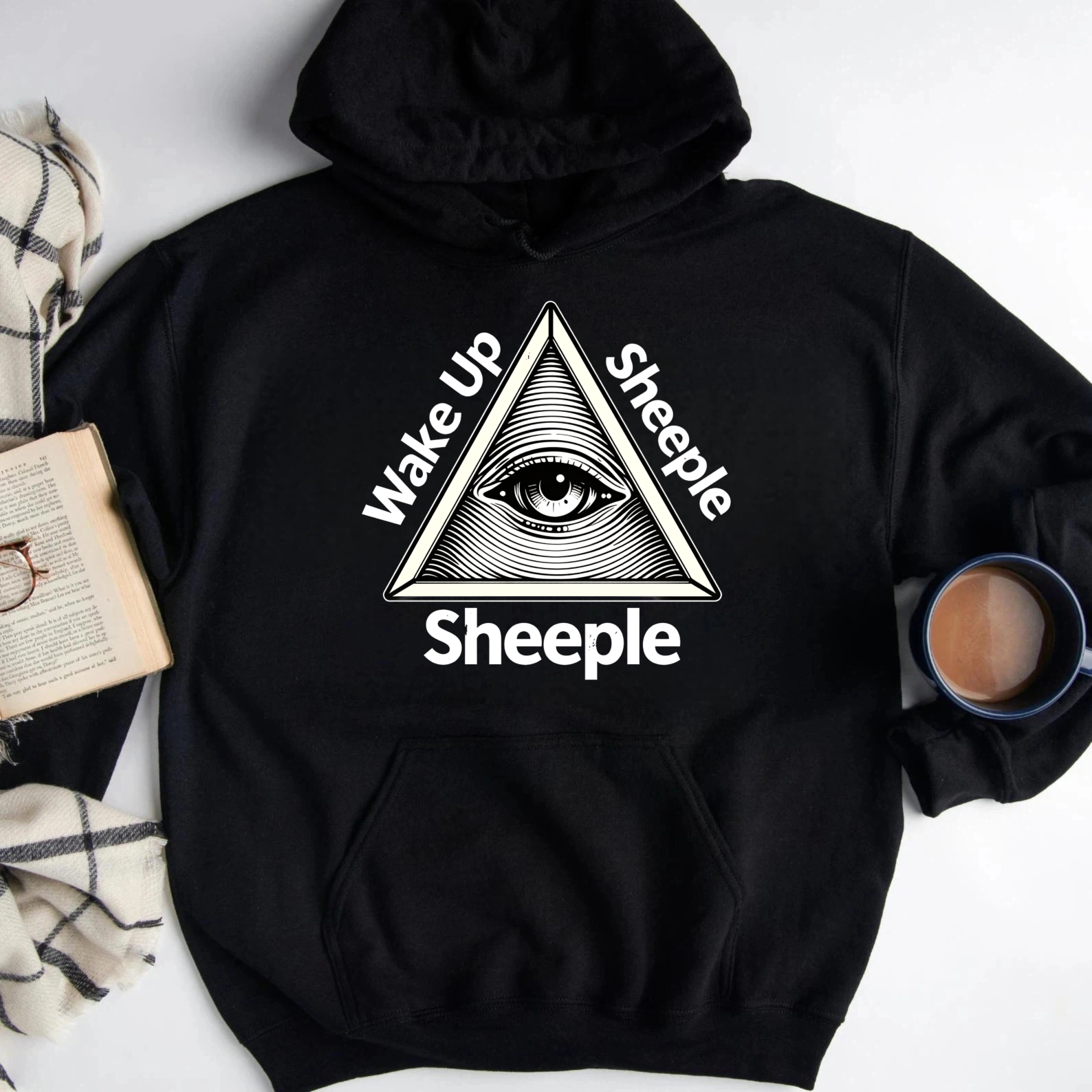 Dorawear™ Wake Up Sheeple All Seeing Eye Hoodie Conspiracy Theory Statement Sweatshirt Black Unisex Pullover With Front Pocket And Drawstring Hood-Dorawear