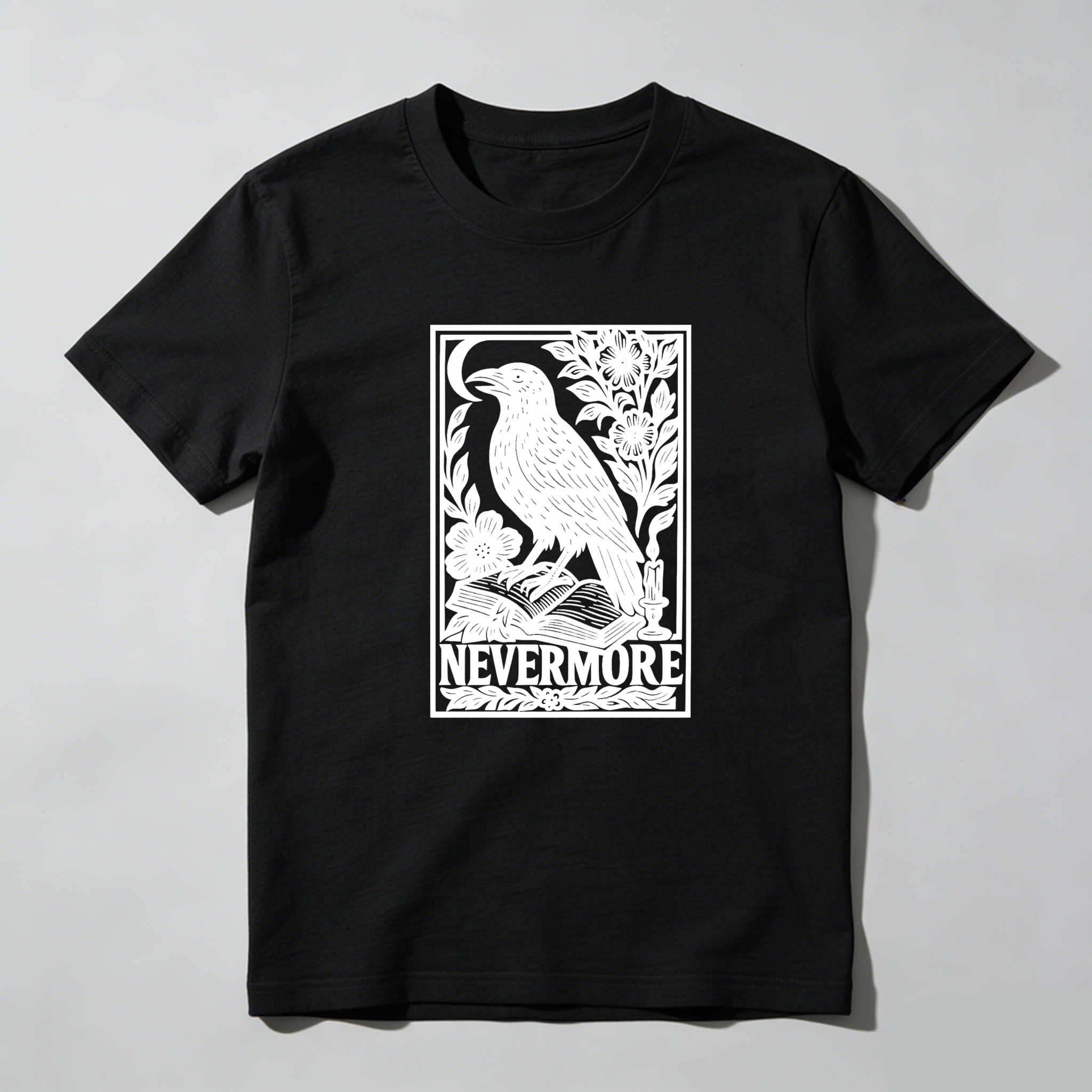 Dorawear Crow Perched On Book With Flowers And Moon Nevermore T Shirt