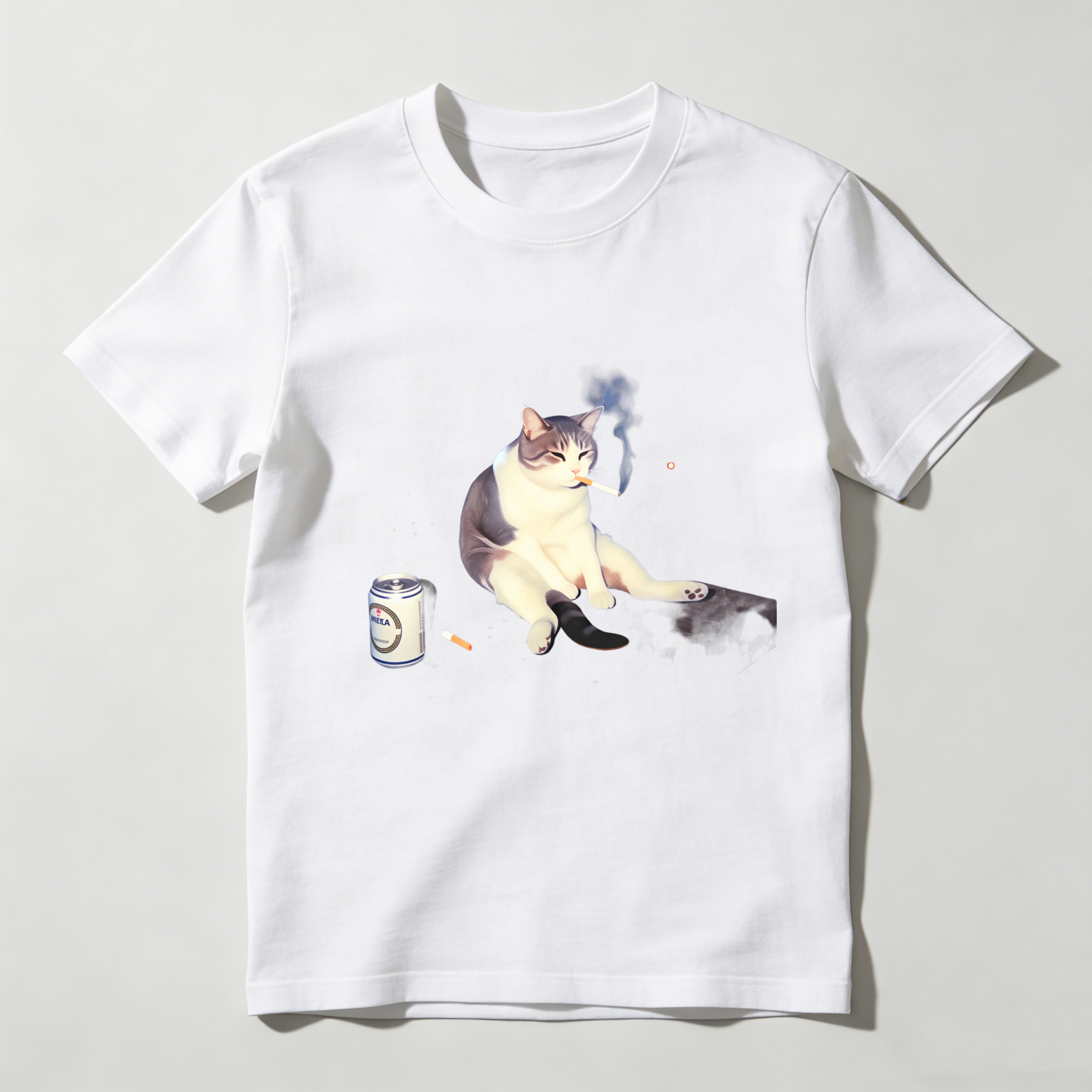 Dorawear™ Cat Smoking Cigarette With Beer Can T Shirt