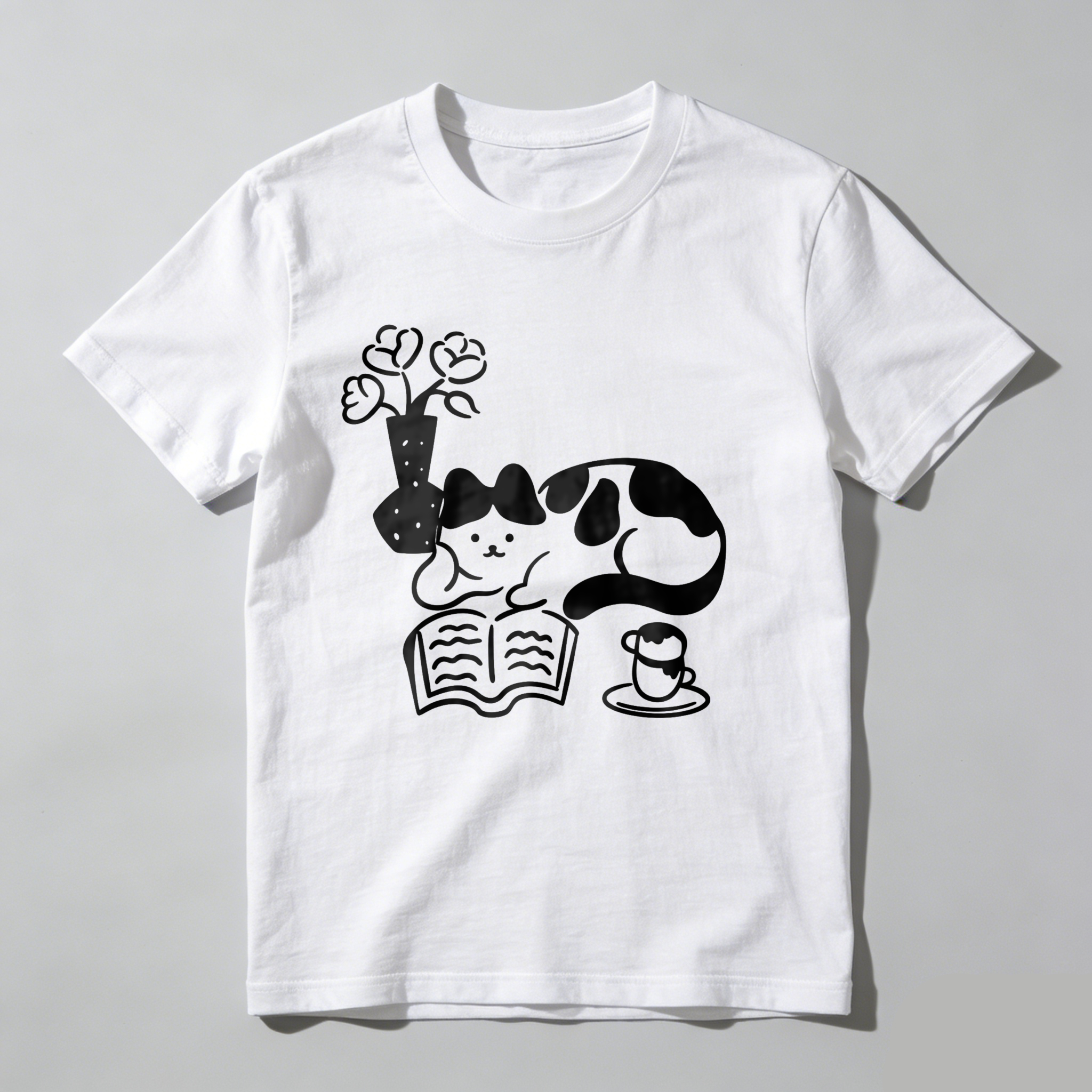 Dorawear Cat Reading Book With Flowers And Tea T Shirt