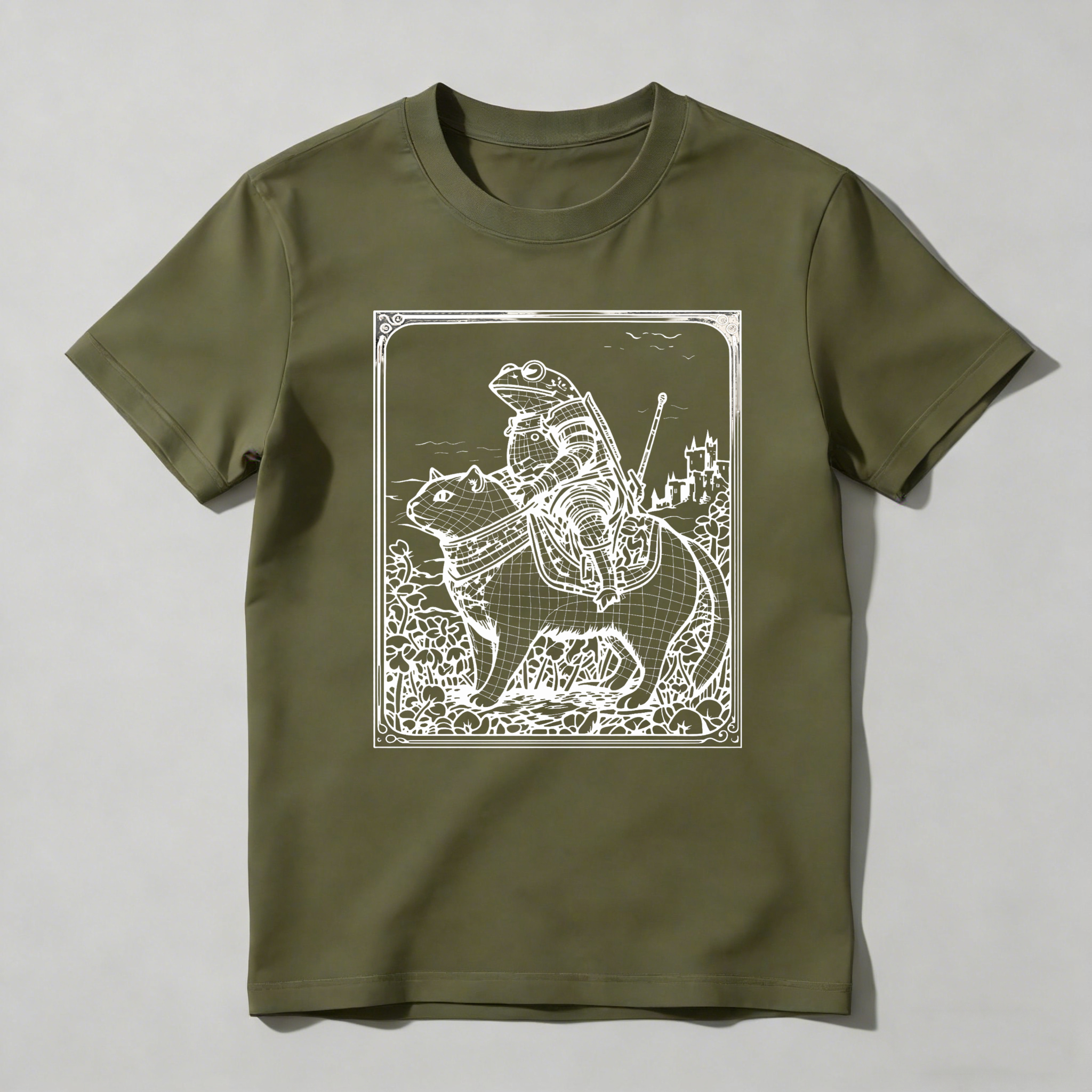 Dorawear™ Frog Knight Riding Cat In Fantasy Landscape T Shirt