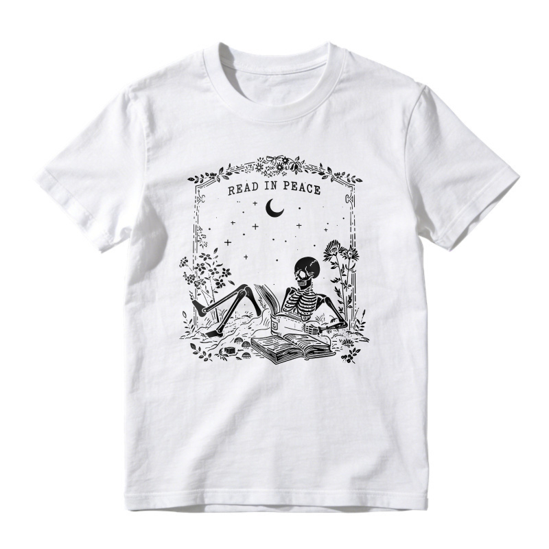 Skeleton Reading Book Under Moon Stars Floral Frame Read In Peace Quote, Unisex Classic T-shirt