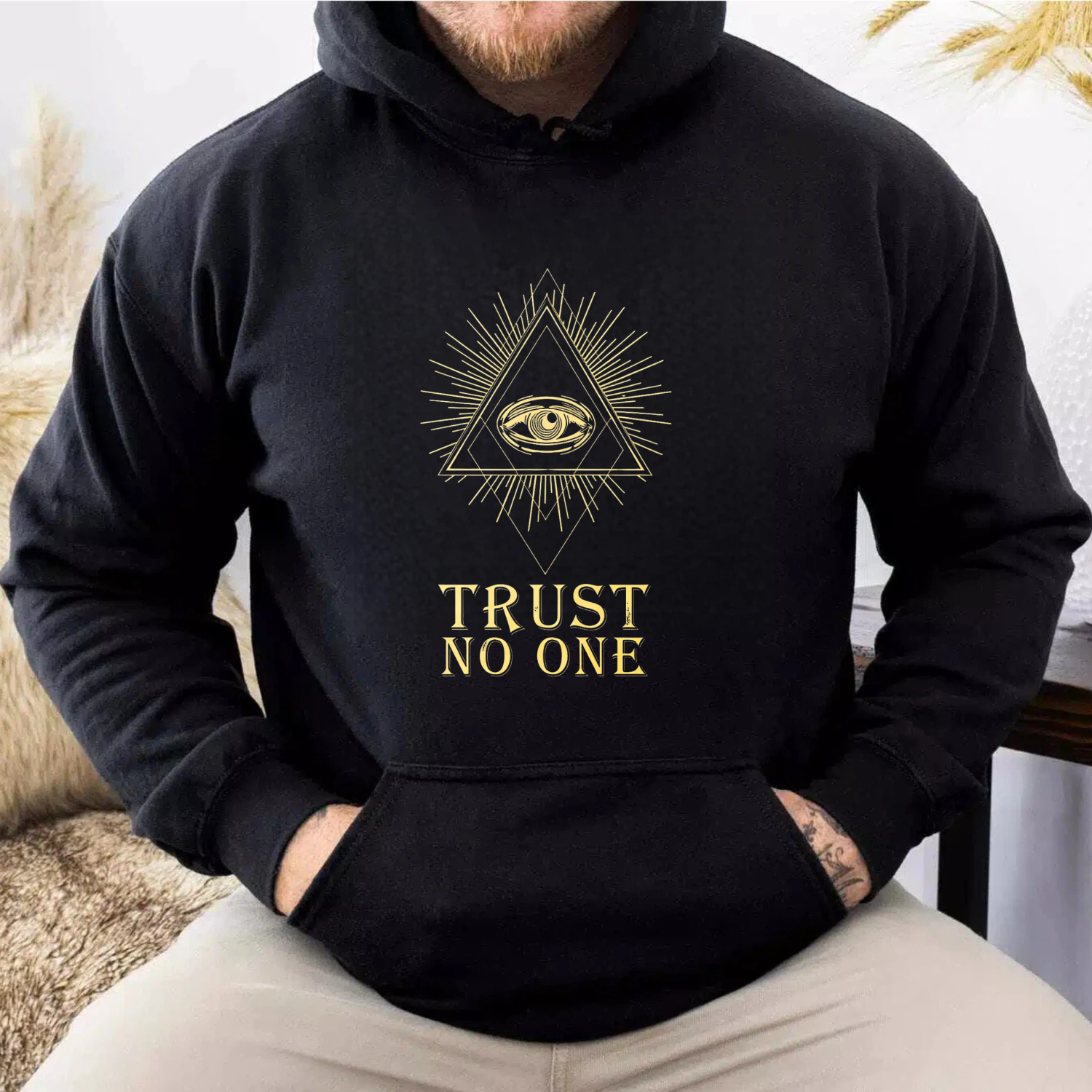Dorawear™ Trust No One All Seeing Eye Hoodie Black Gold Print Mystical Symbol Sweatshirt Men Women Unisex Fashion Apparel-Dorawear