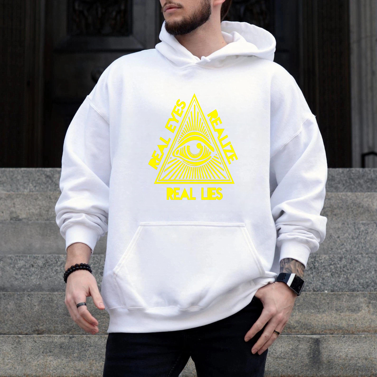 Dorawear™ Real Eyes Realize Real Lies All Seeing Eye Hoodie Black Sweatshirt With Drawstring Hood And Front Pocket For Men Women Unisex Streetwear Fashion Apparel-Dorawear
