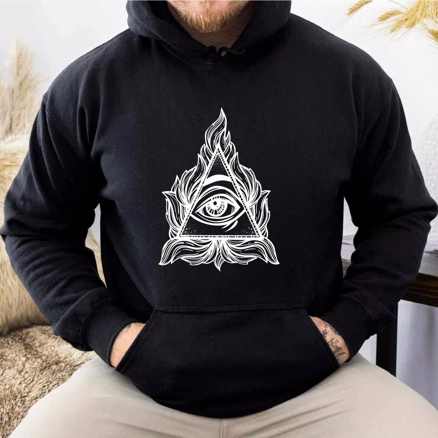 Dorawear™ All Seeing Eye Hoodie With Flame And Leaf Design Black Sweatshirt For Men And Women Spirituality Symbol Clothing Artistic Print Pullover Hoodie-Dorawear