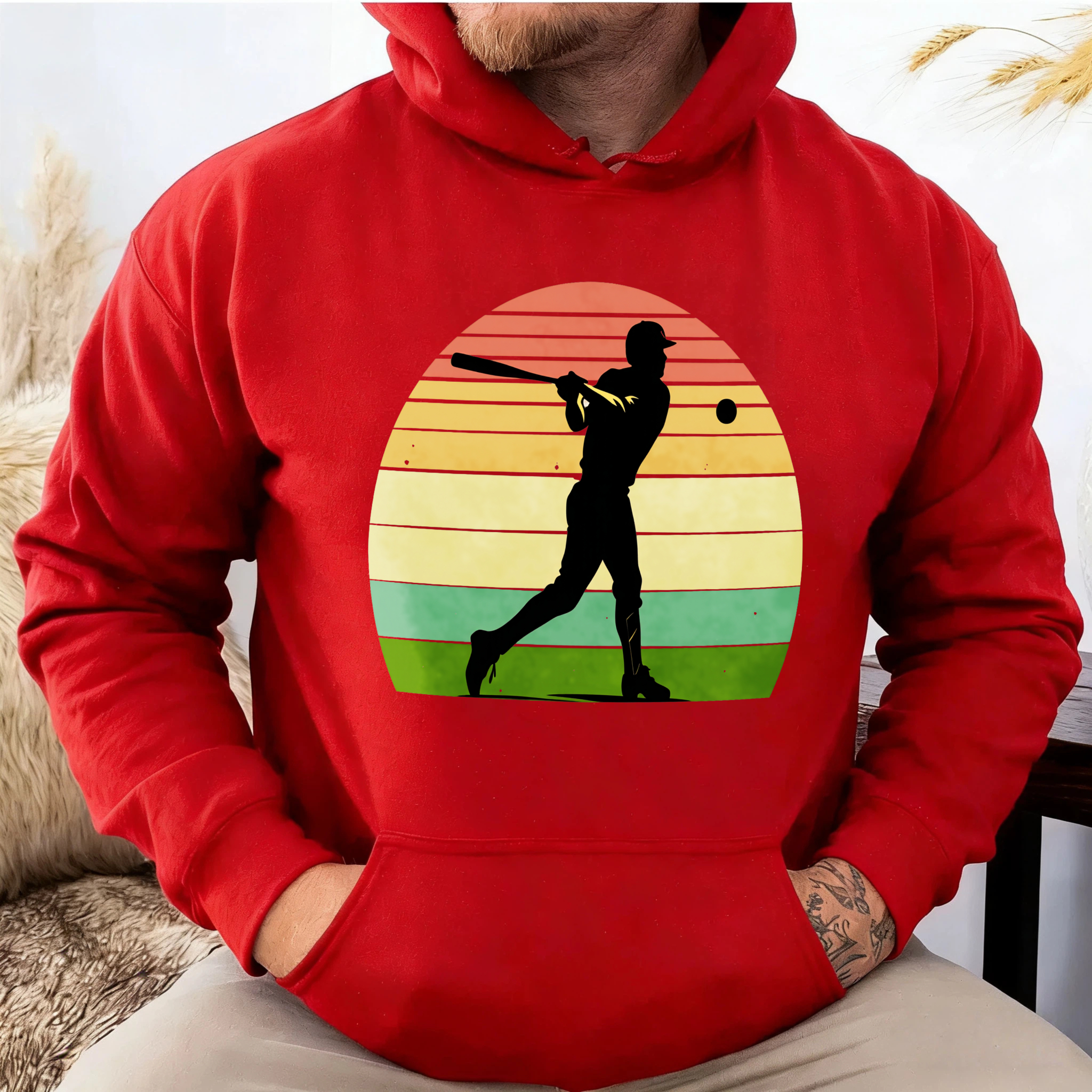 Dorawear™ Baseball Player Silhouette Vintage Sunset Design Hoodie Men Women Sport Casual Sweatshirt Unisex Streetwear Fashion Top-Dorawear