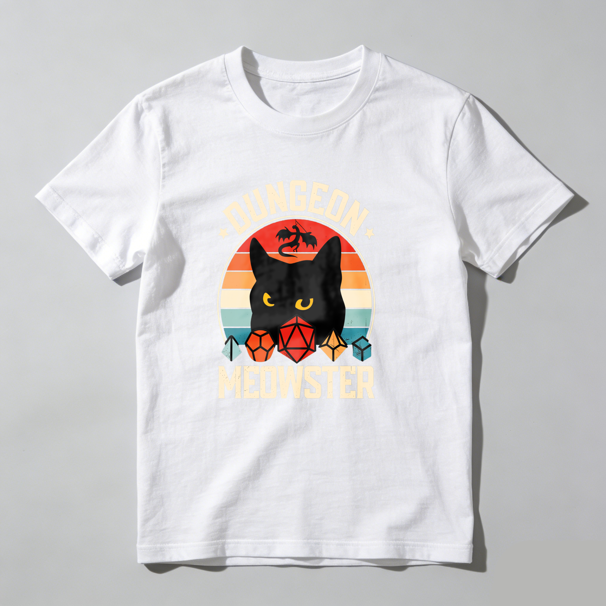 Dungeon Meowster Cat Dragon Dice Sunset tshirt 100% cotton