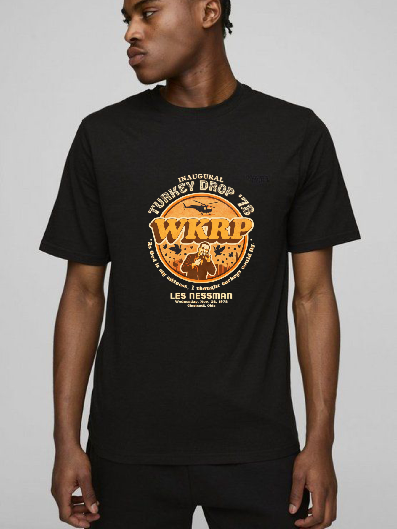 Dorawear™ Inaugural Turkey Drop Wkrp Les Nessman Pure Cotton Short Sleeve T Shirt-Dorawear