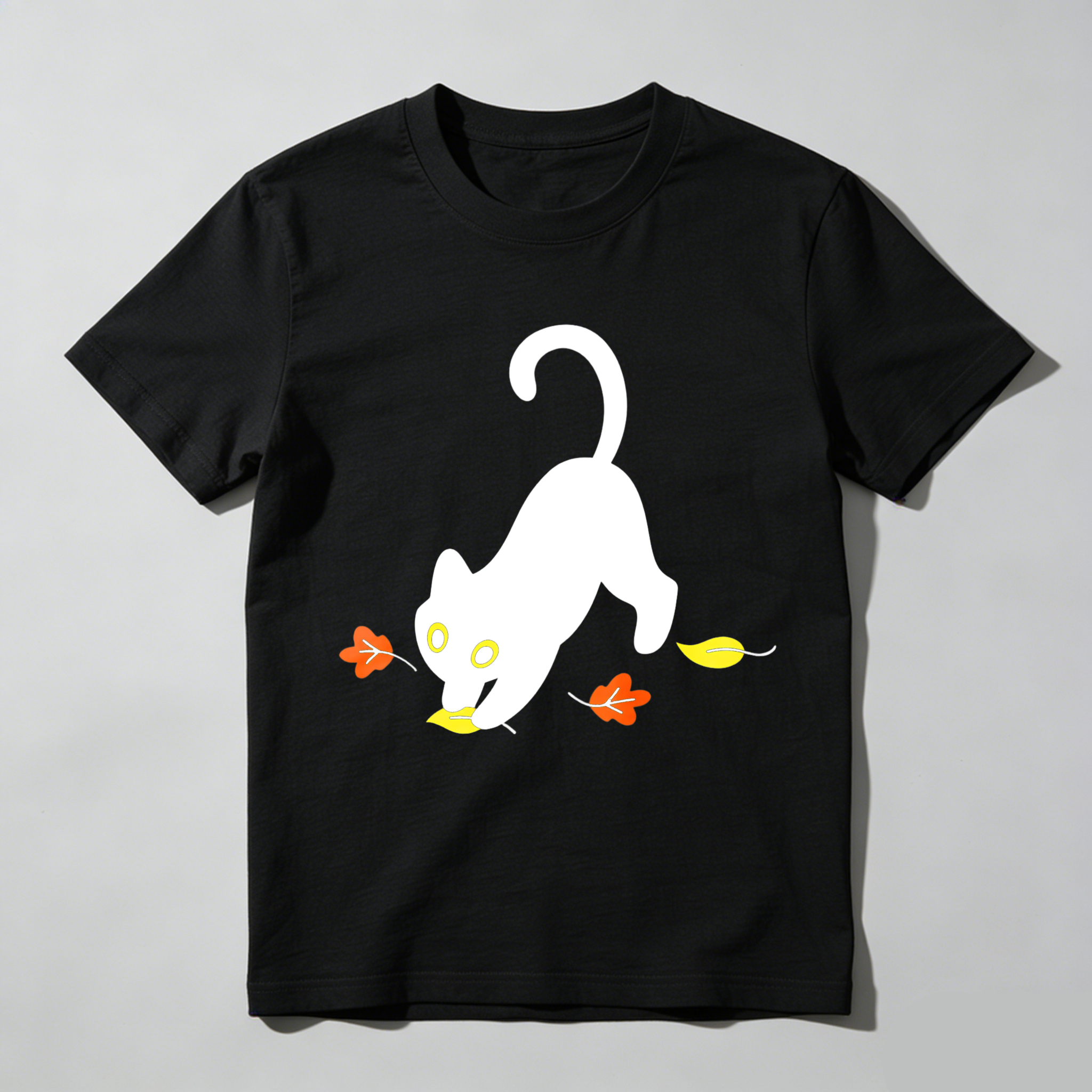Dorawear™ White Cat Playing With Leaves T Shirt