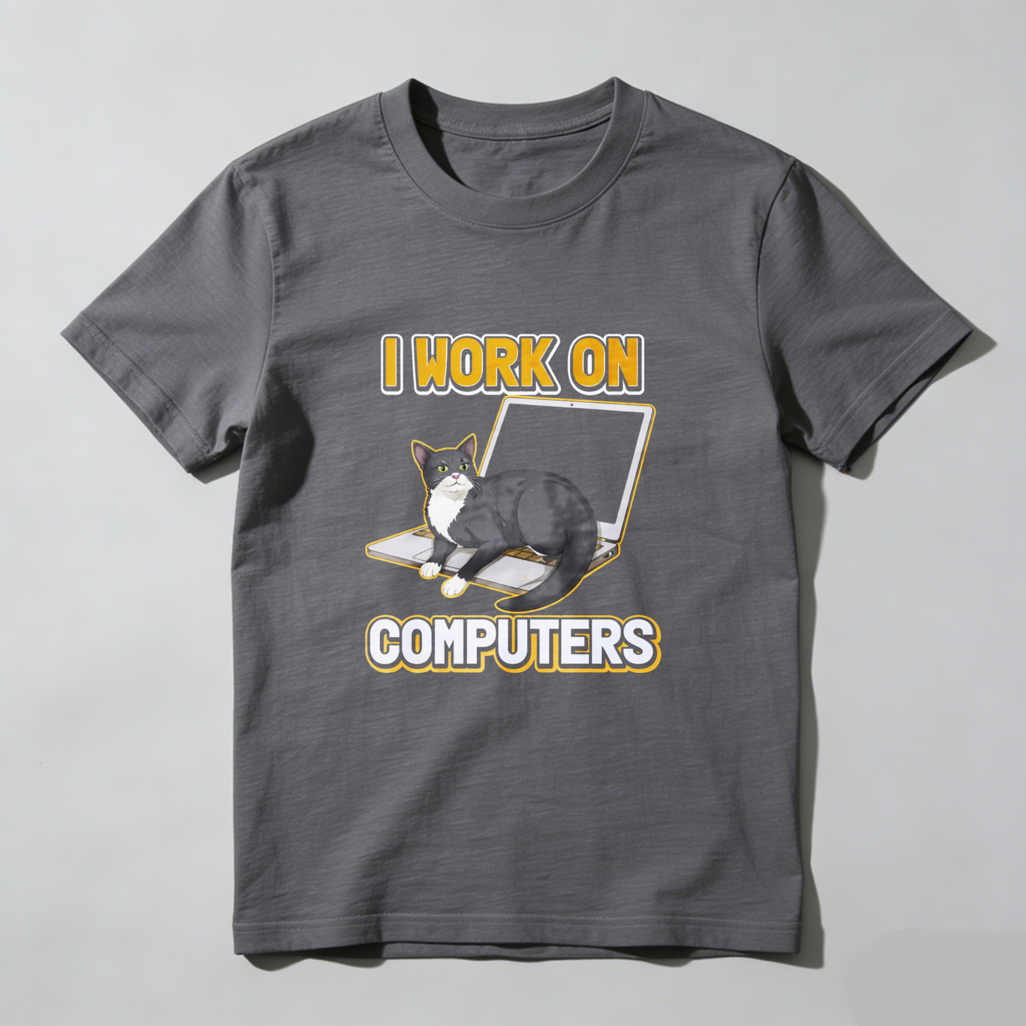 Dorawear™ Cat On Laptop I Work On Computers Pure Cotton Short Sleeve T Shirt-Dorawear
