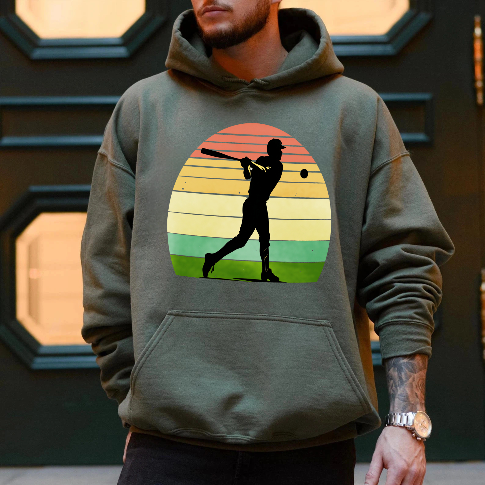 Dorawear™ Baseball Player Silhouette Vintage Sunset Design Hoodie Men Women Sport Casual Sweatshirt Unisex Streetwear Fashion Top-Dorawear