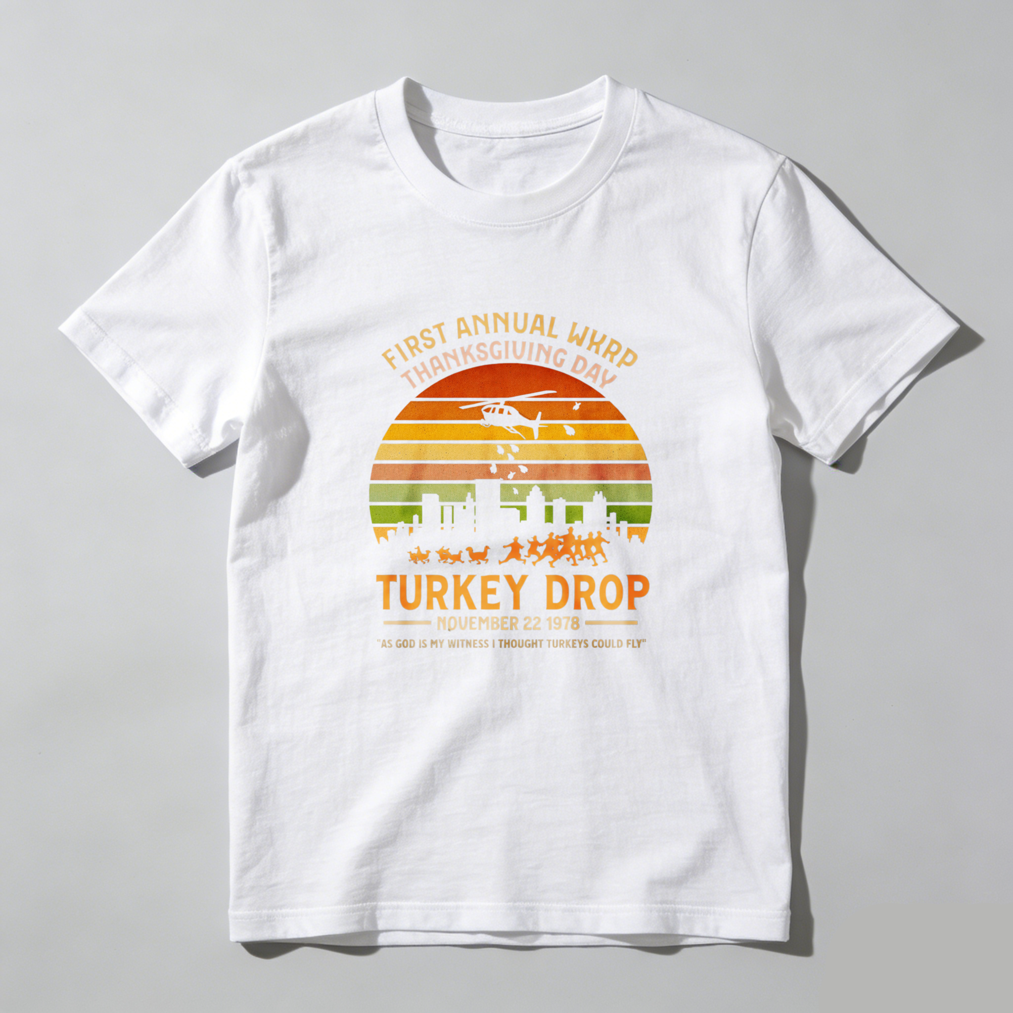 Dorawear™ First Annual Wkrp Thanksgiving Day Turkey Drop November 22 1978 Pure Cotton Short Sleeve T Shirt-Dorawear