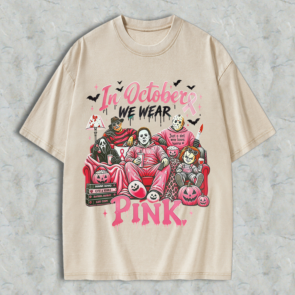 In October We Wear Pink Horror Movie Characters Print Breast Cancer Awareness Graphic Washed T-shirt