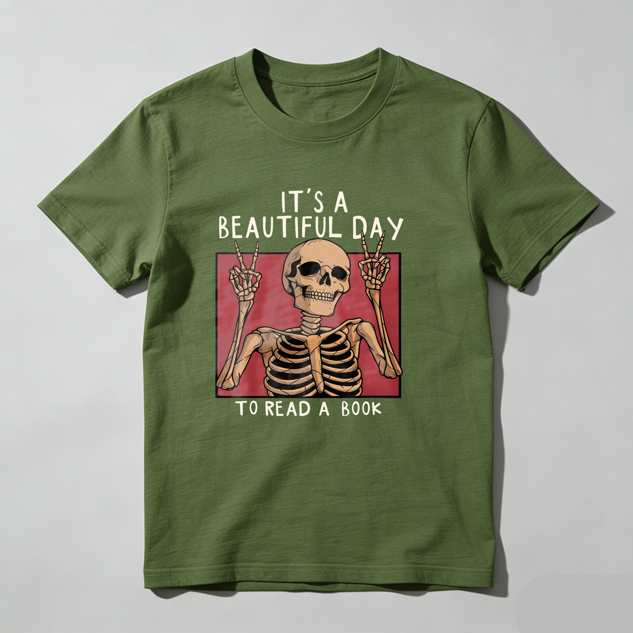 Dorawear™ Skeleton Making Peace Signs With Book Text T Shirt