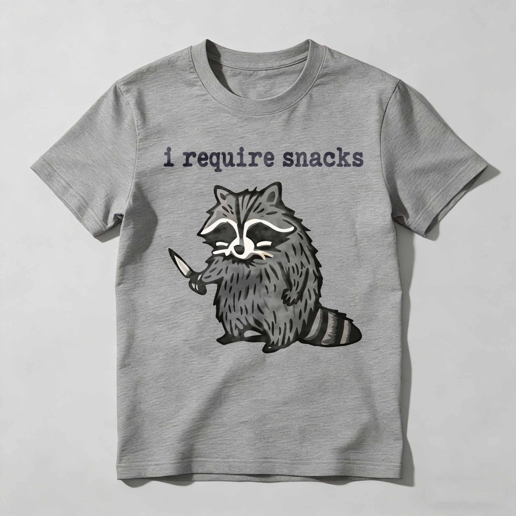 Dorawear™ Racoon Holding Knife With Text Above T Shirt