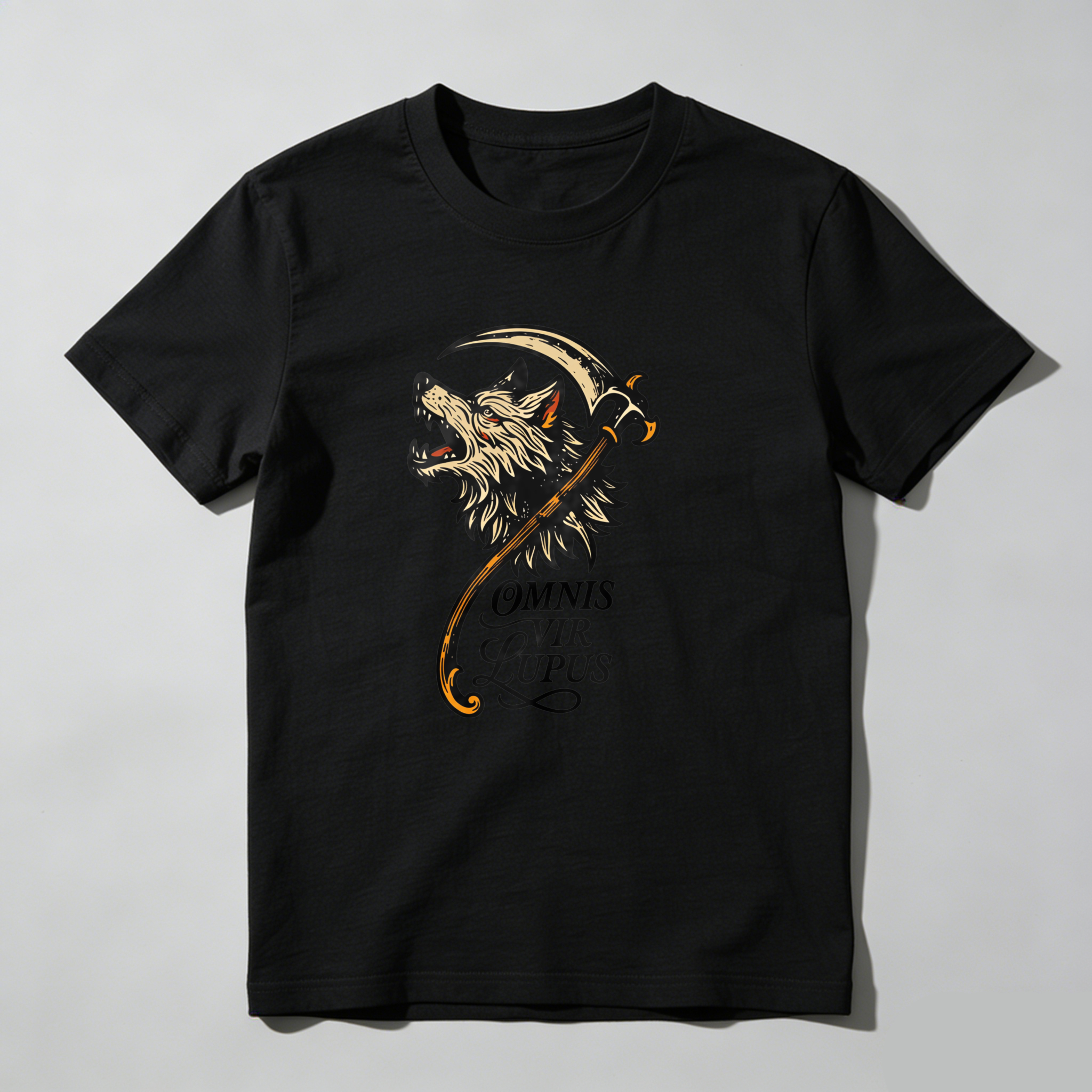 Dorawear Wolf With Scythe And Latin Text T Shirt
