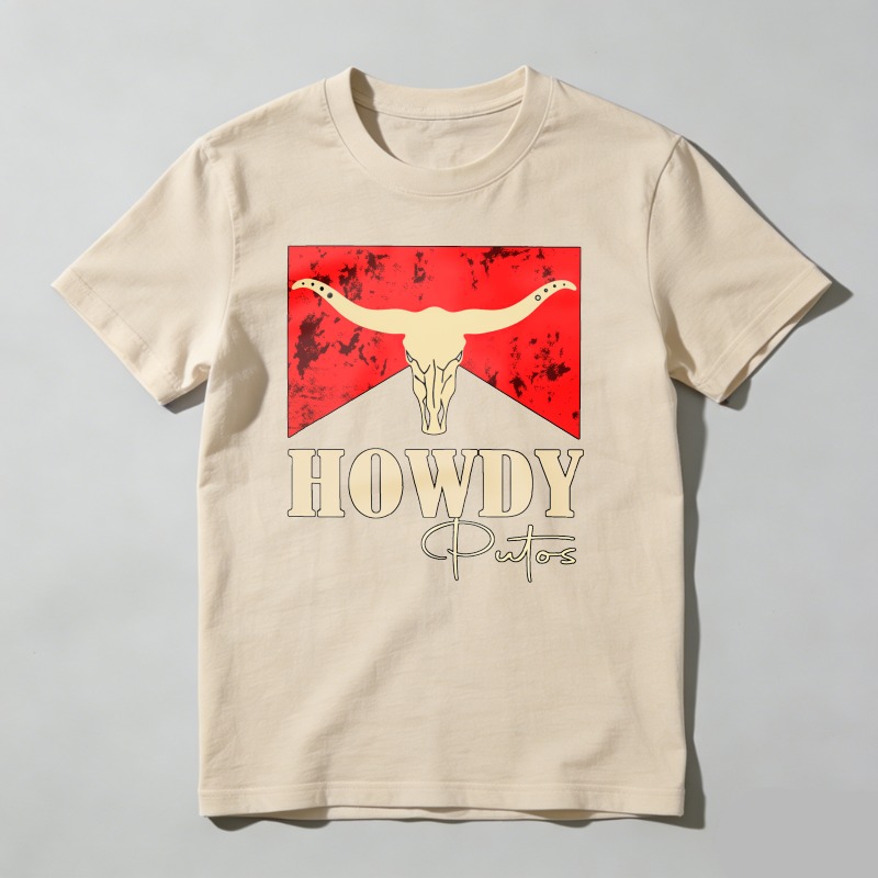 Dorawear™ Cow Skull Red Background Howdy Putos T Shirt 100% cotton