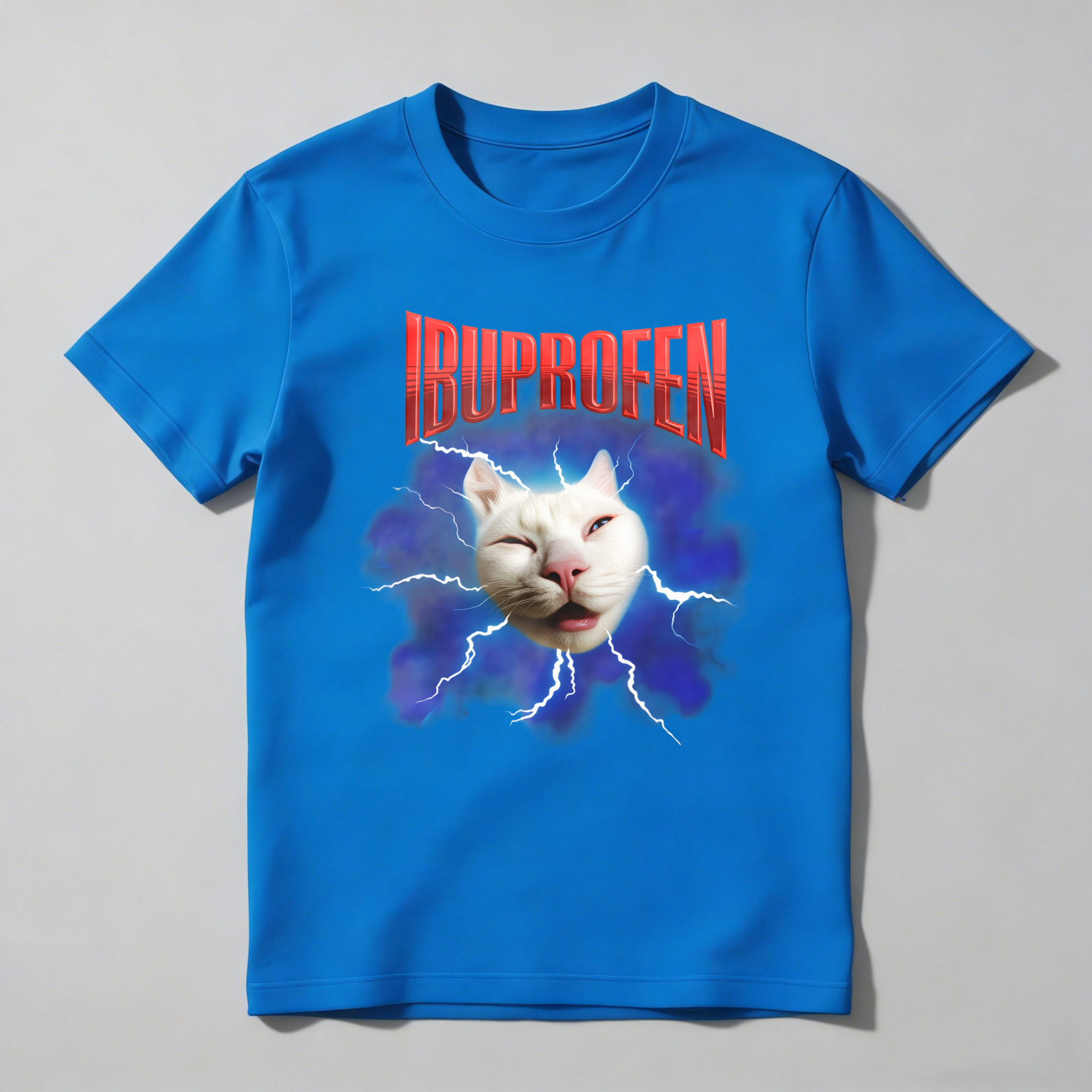 Dorawear™ Ibuprofen Cat Lightning Blue Background T Shirt