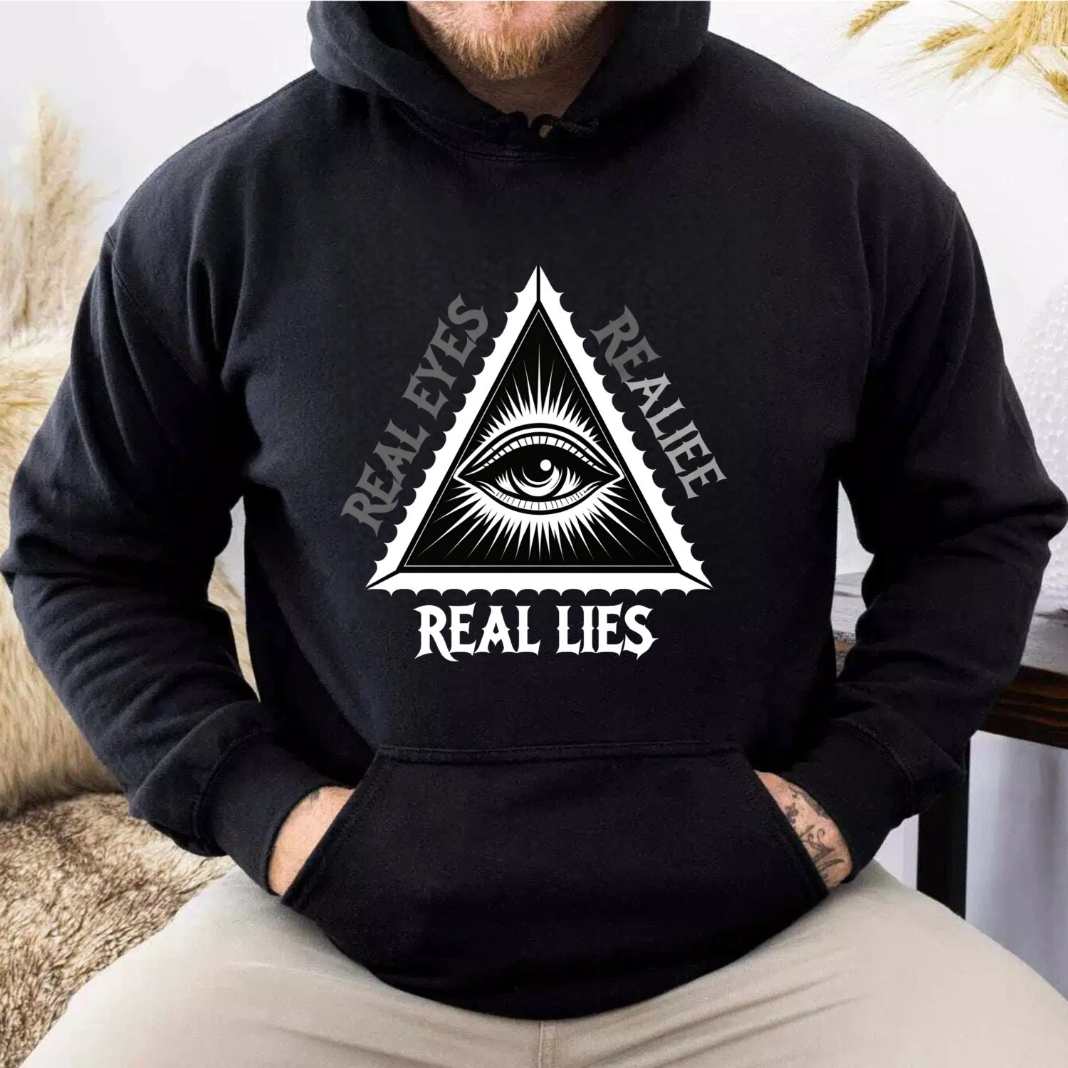 Dorawear™ Real Eyes Real Lies All Seeing Eye Hoodie Black Sweatshirt With Pocket And Drawstring Hood For Men Women Unisex Fashion Streetwear Top-Dorawear
