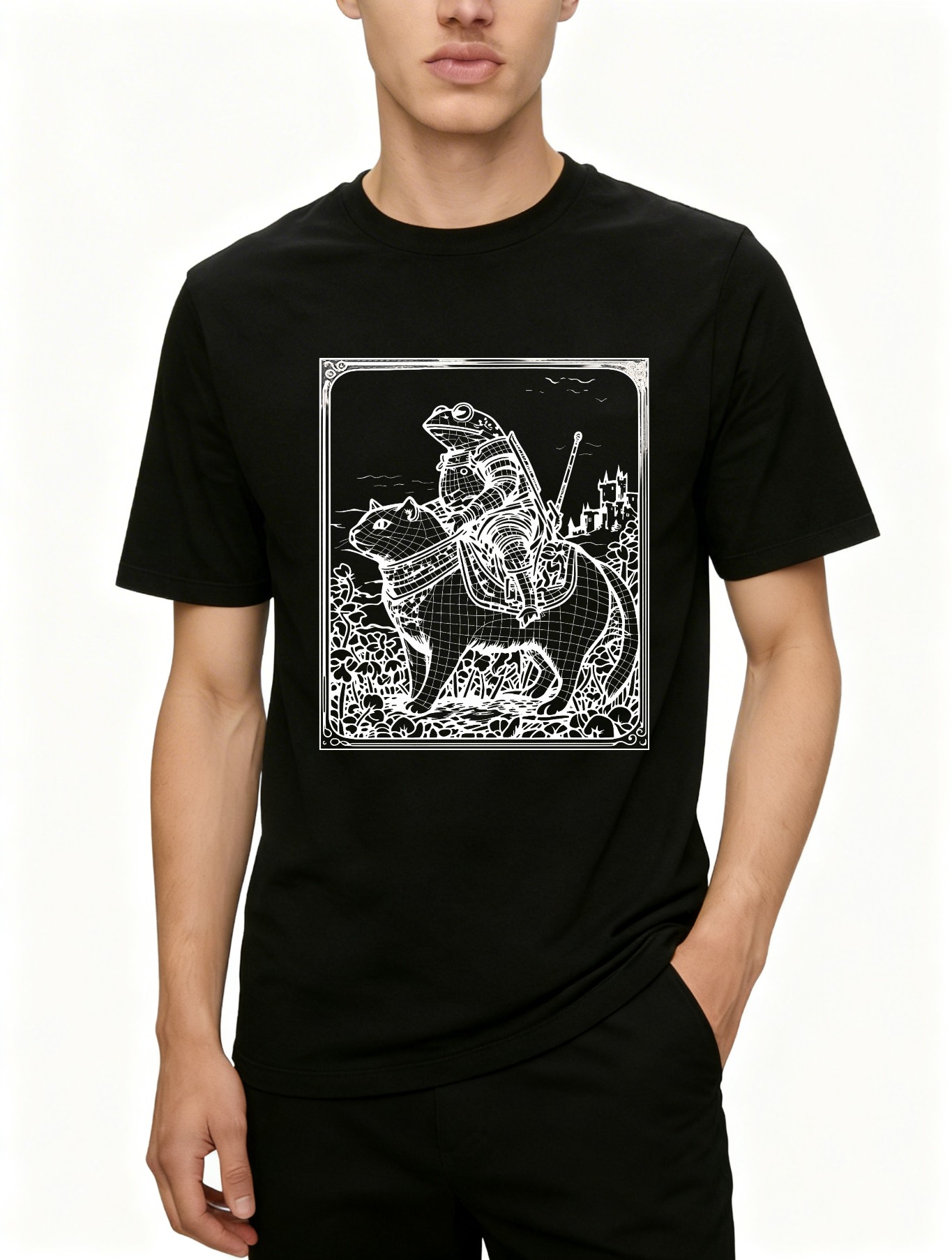 Dorawear™ Frog Knight Riding Cat In Fantasy Landscape T Shirt