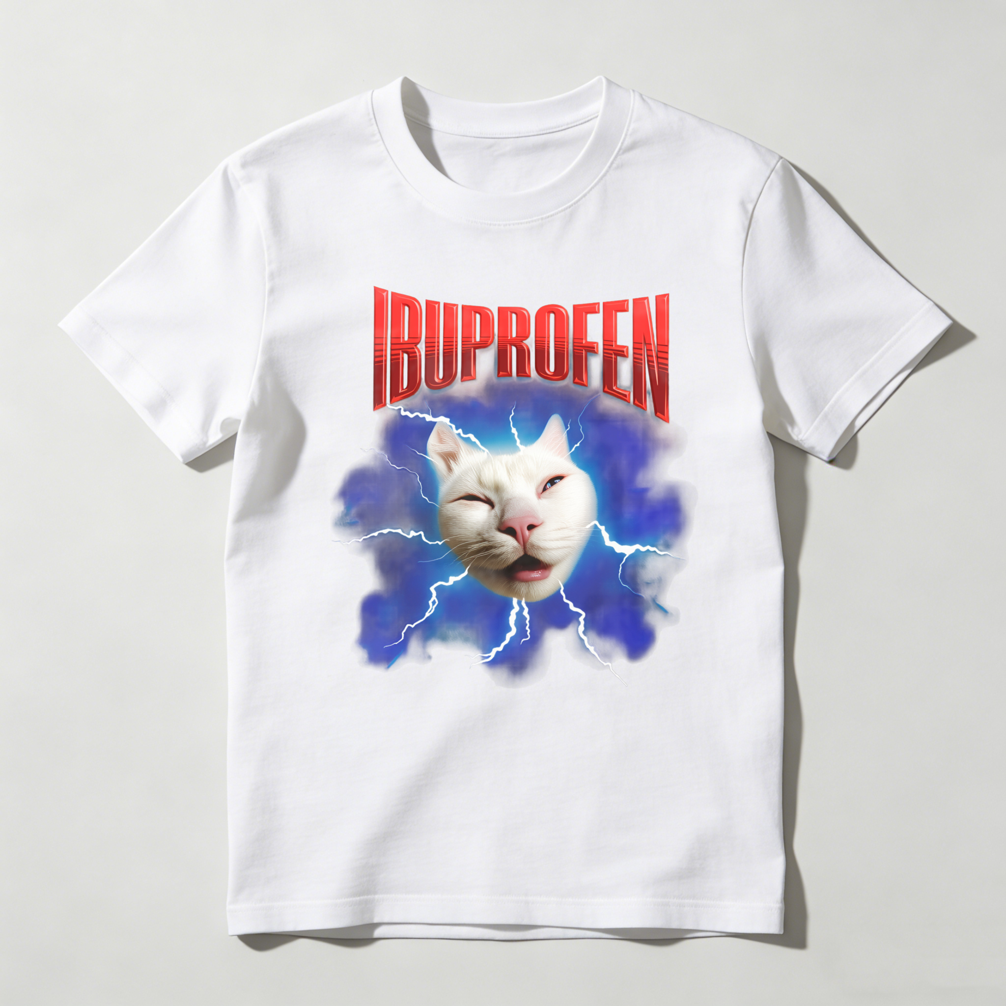 Dorawear™ Ibuprofen Cat Lightning Blue Background T Shirt