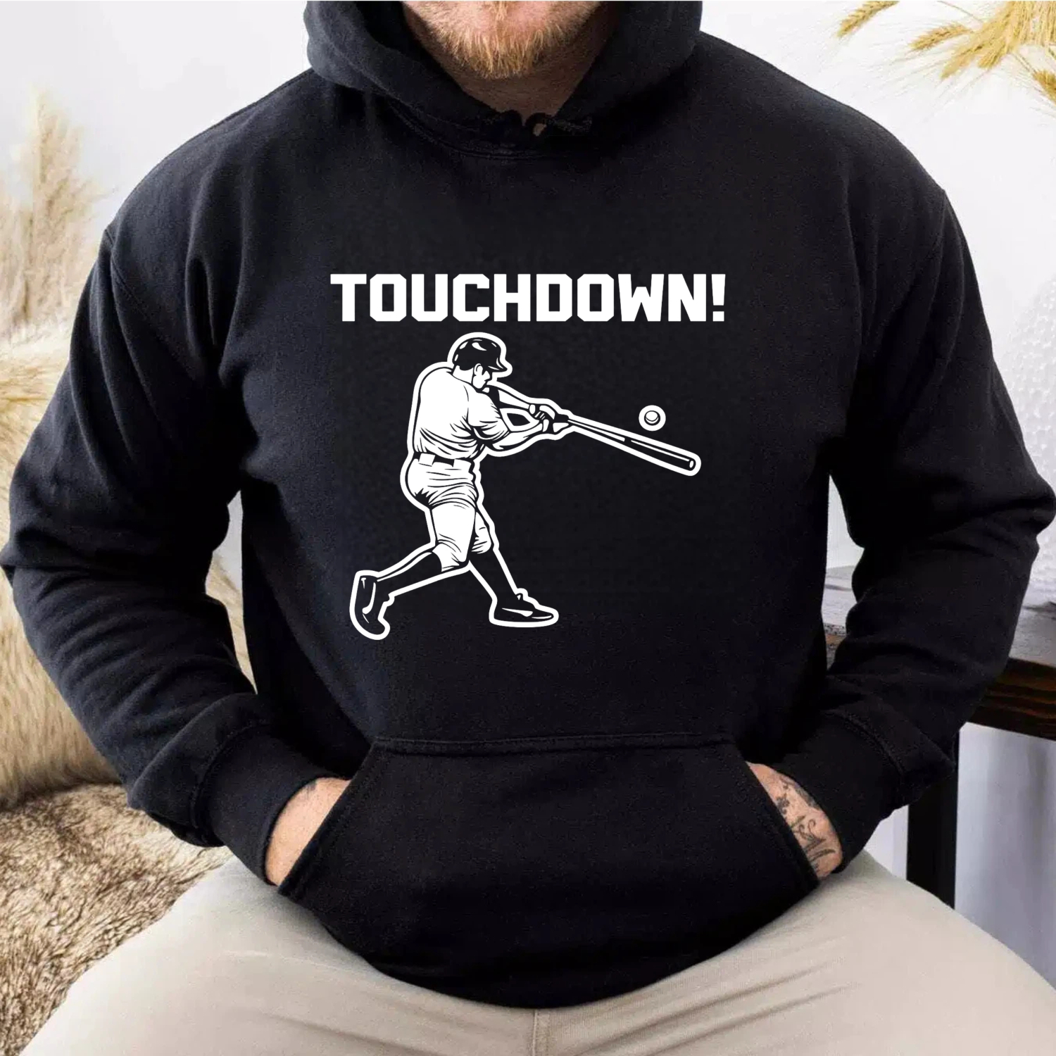 Dorawear™ Touchdown Baseball Player Hoodie Black Sweatshirt With Graphic Design For Sports Fans