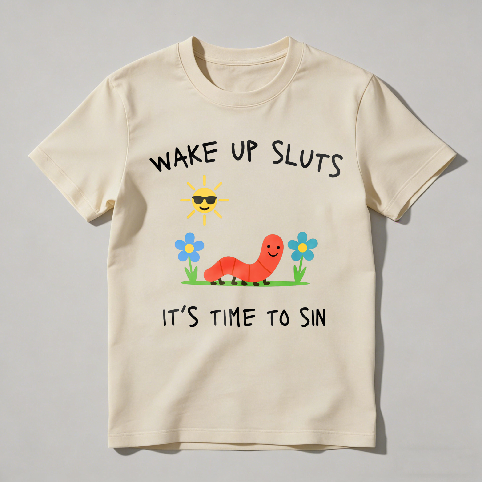 Dorawear™ Wake Up Sloth   Sun Smiling With Glasses   Caterpillar On Grass   Flowers Blue And Yellow   Its Time To Sin T Shirt-Dorawear