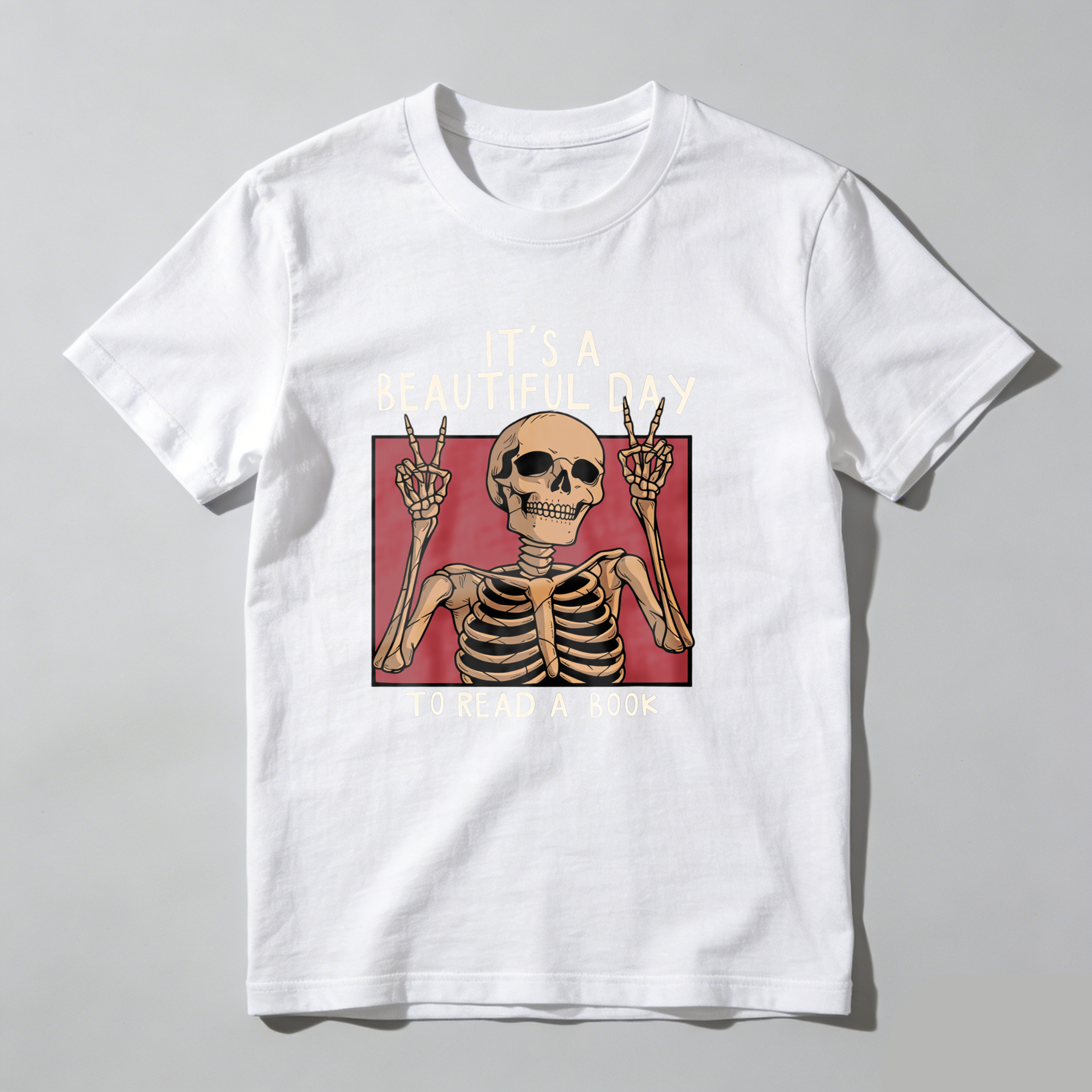 Dorawear™ Skeleton Making Peace Signs With Book Text T Shirt
