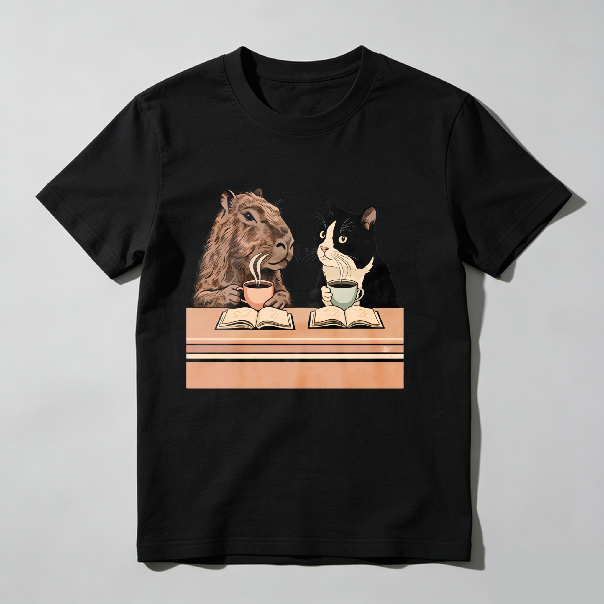 Dorawear™ Camel And Cat Reading Books With Tea T Shirt