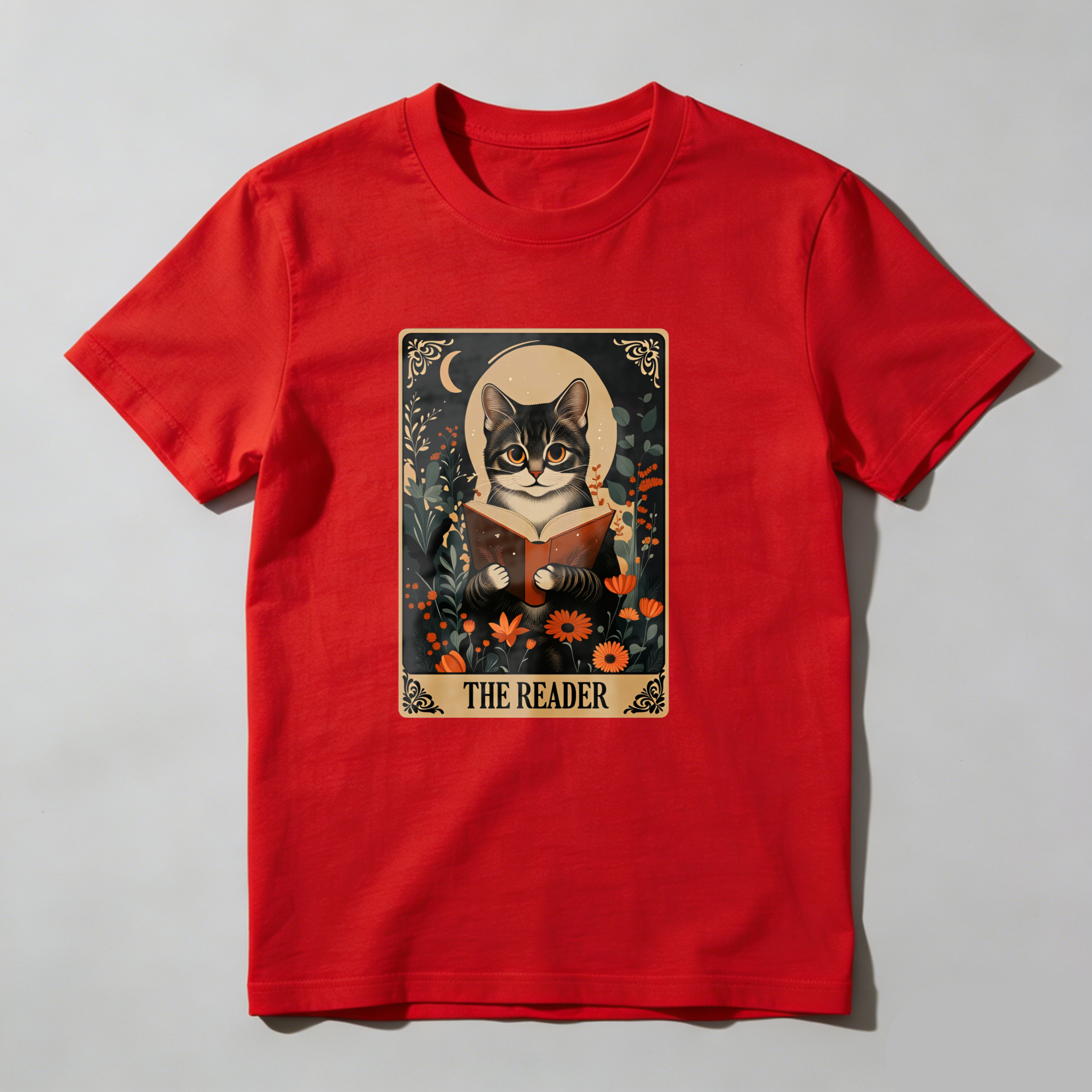 Dorawear™ Cat Reading Book With Flowers And Moon T Shirt